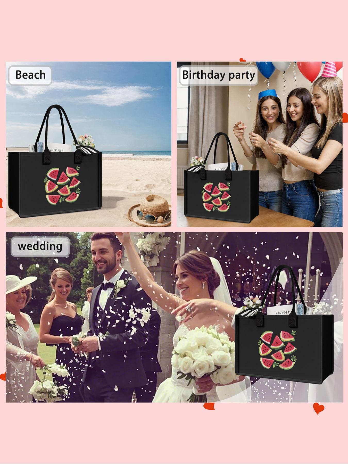 Large Capacity Watermelon Pattern Storage Bag, Fashionable Shopping Bag, Durable Handle, Space Saving Multi-Purpose, Ideal for School, Travel, Shopping