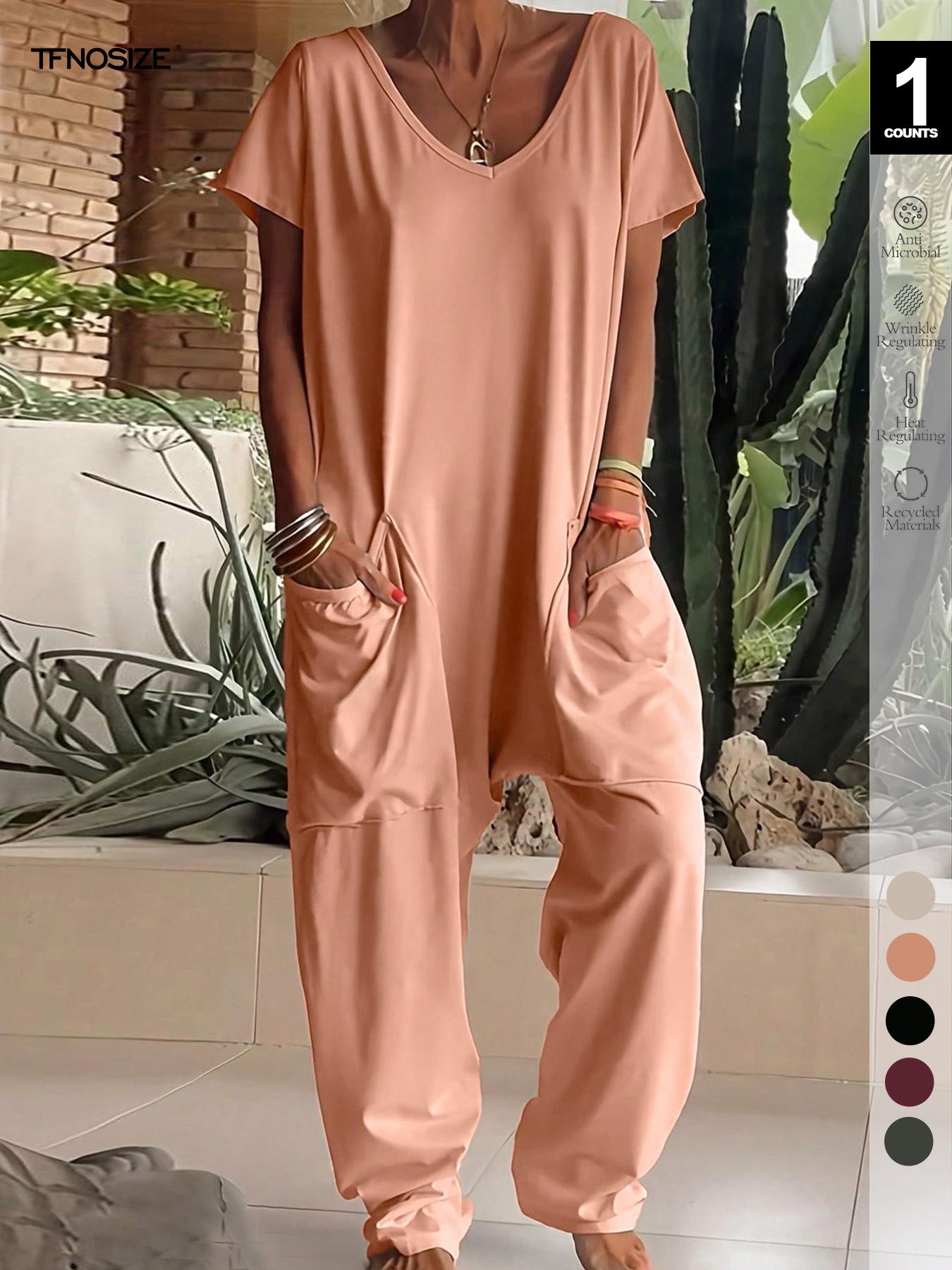 1/2/3 pcs Oversized Women's Harem Jumpsuit, Bohemian Style One-Piece Romper with Side Pockets, Casual Fashion for All-season 2026