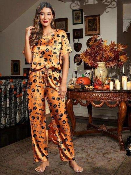 Women's Satin Silk Pajama Set, Short Sleeve Top & Long Pants, Soft Sleepwear for Women, Comfortable Loungewear for Home Use