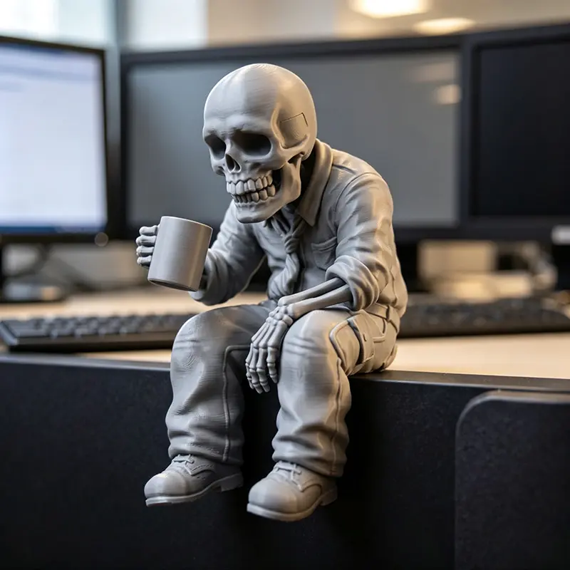 8cm Work Burnout Skeleton Ornament, Funny Coffee Skeleton Desk Decor, Desktop Ornaments, Gothic 3D Printed Statue for Home Office, Sarcastic Work From Home Companion, Printed Home Ornaments, Creative Home Decor, Decor Figurine
