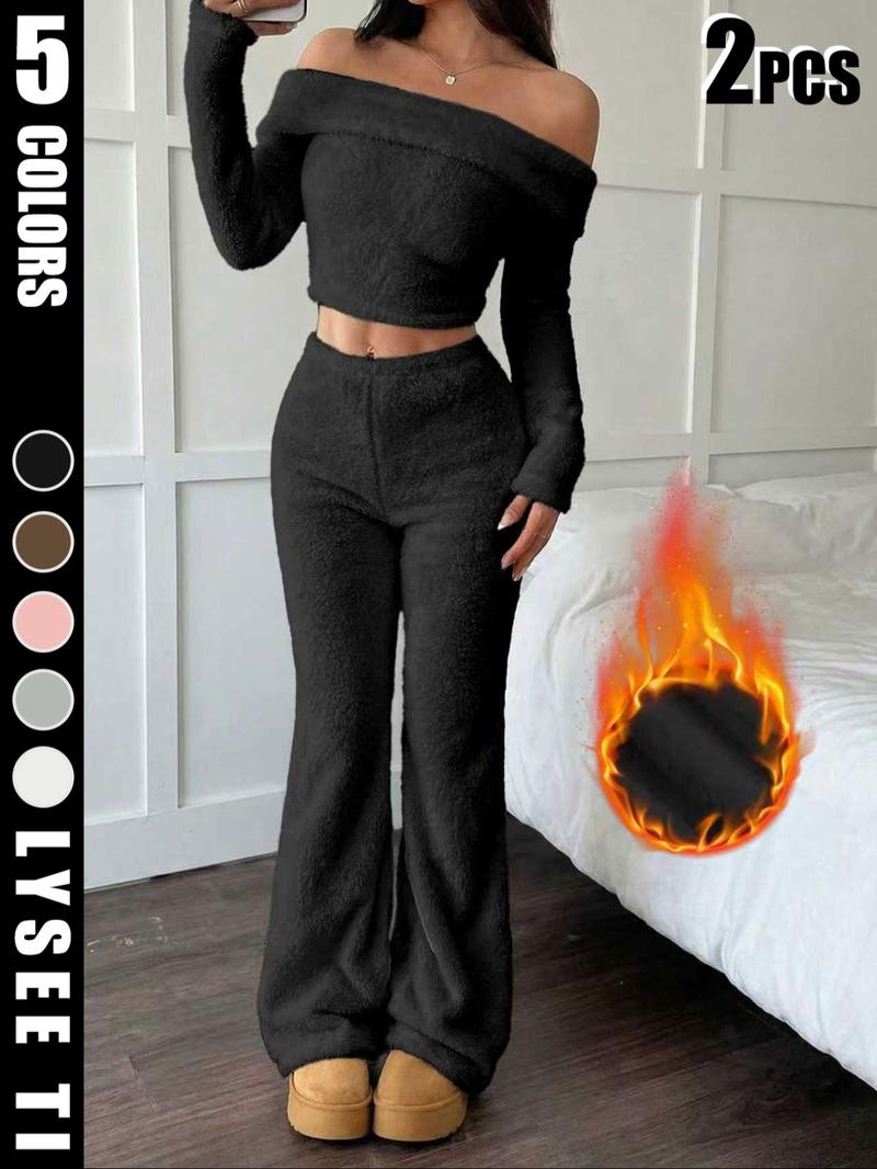 Autumn and winter women's soft plush suit, one shoulder short top+pants, milky white to show off temperament, suitable for both home and outdoor activities, lazy yet fashionable