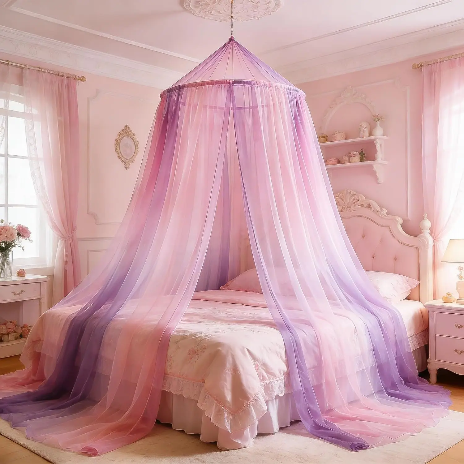 Net Bed for Girls, Bed Curtains| Netting Bedroom Decor for Girls, Adults, Baby Crib, Dome Netting Bed Tent Purple & Pink