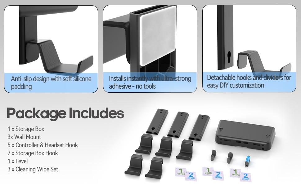 Controller & Headset & Remote Holder Wall Mount with No Drill, 2 Packs Gaming 4 Controllers Hanger Hook Mount for PS5/PS4/XBOX/Switch, Headphone Stand & Remote Control Holer Wall Shelf with Adhesives