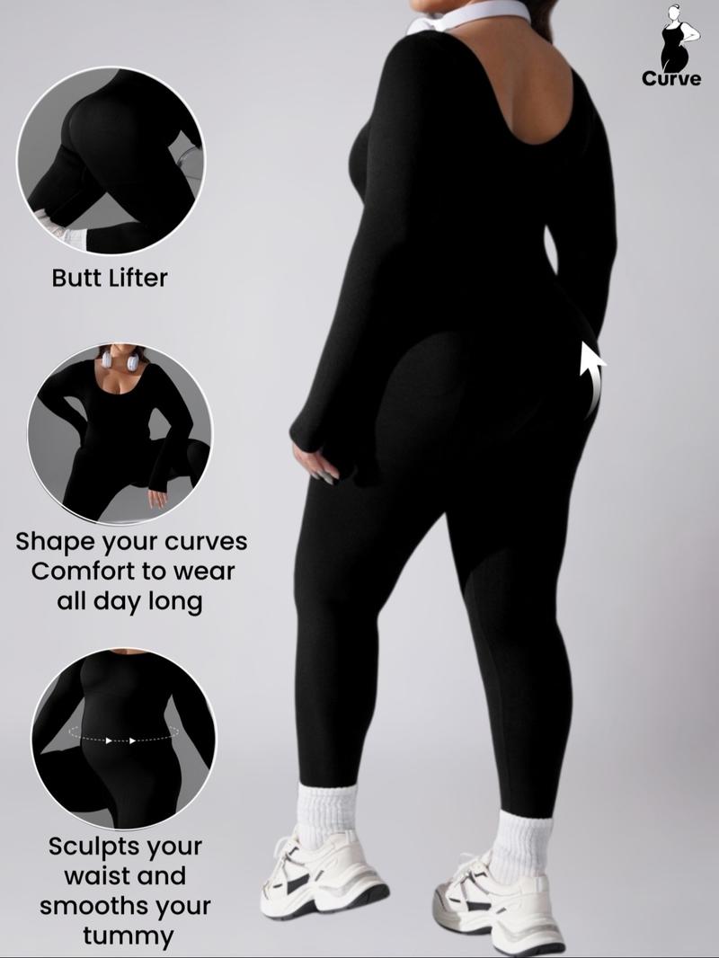 1 COUNT Women's Plus Size Slimming Long Sleeve Jumpsuit, Waist Cinching Yoga Pants, Casual Fall & Winter Sportswear,  Seamless Bodysuit,Stretch Skin-Friendly Fabric，Bottoms For Daily Wear