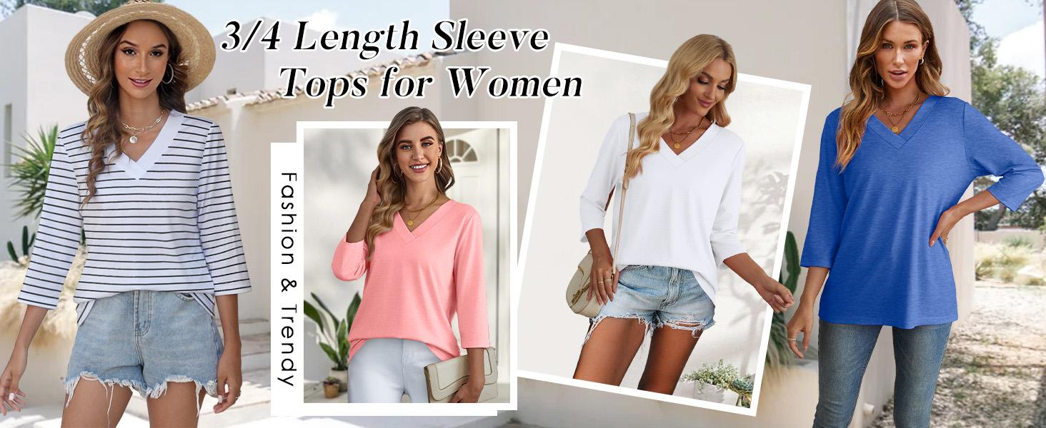 WIHOLL 3/4 Length Sleeve Womens Tops V Neck Casual Tunic Tops Basic Shirts Loose Fit Blouse