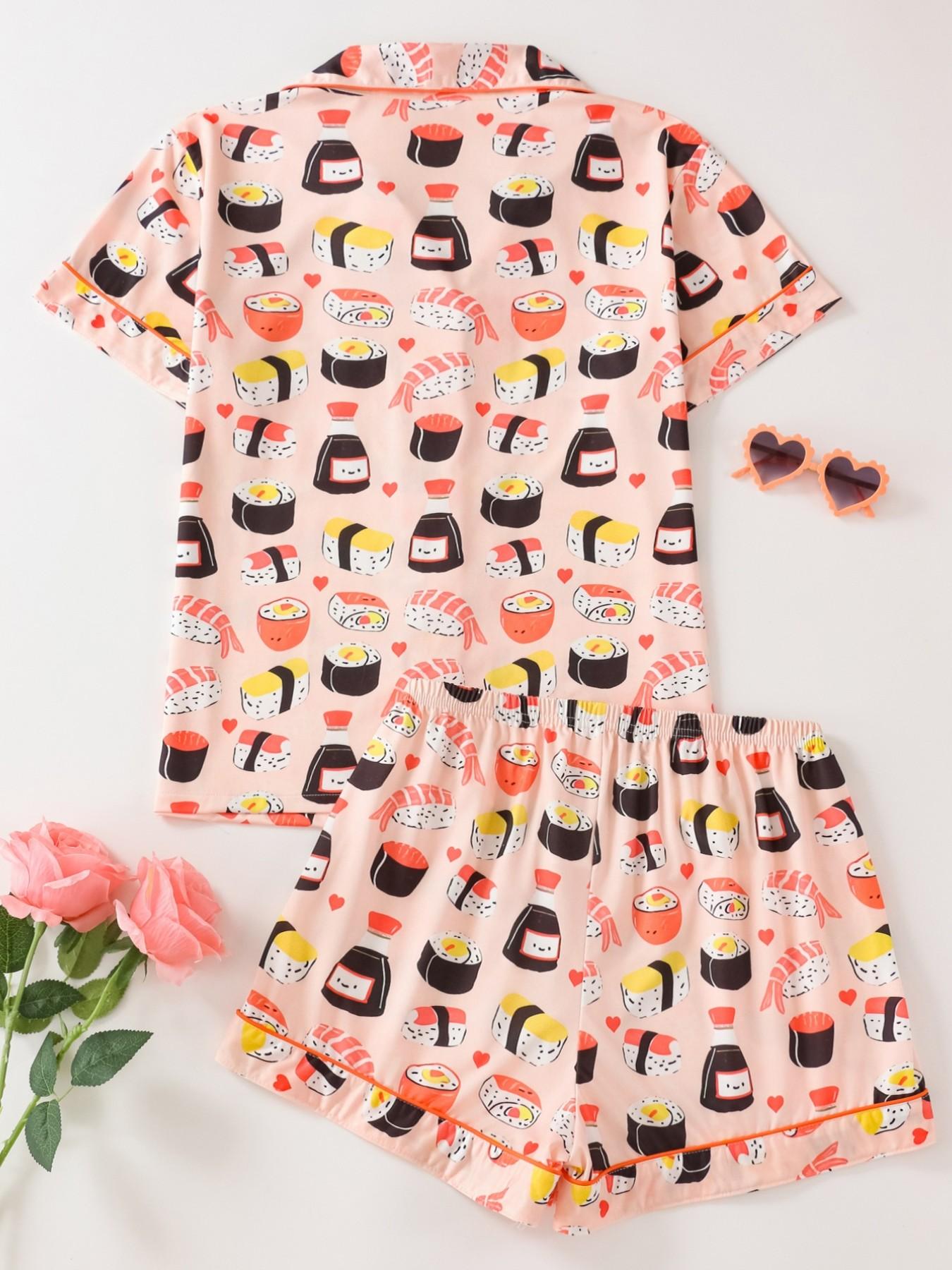 Women's Sushi Full Print Pajama Set, Collared Button Short Sleeve Top and Loose Comfortable Shorts, Fun Sweet Sleepwear Set