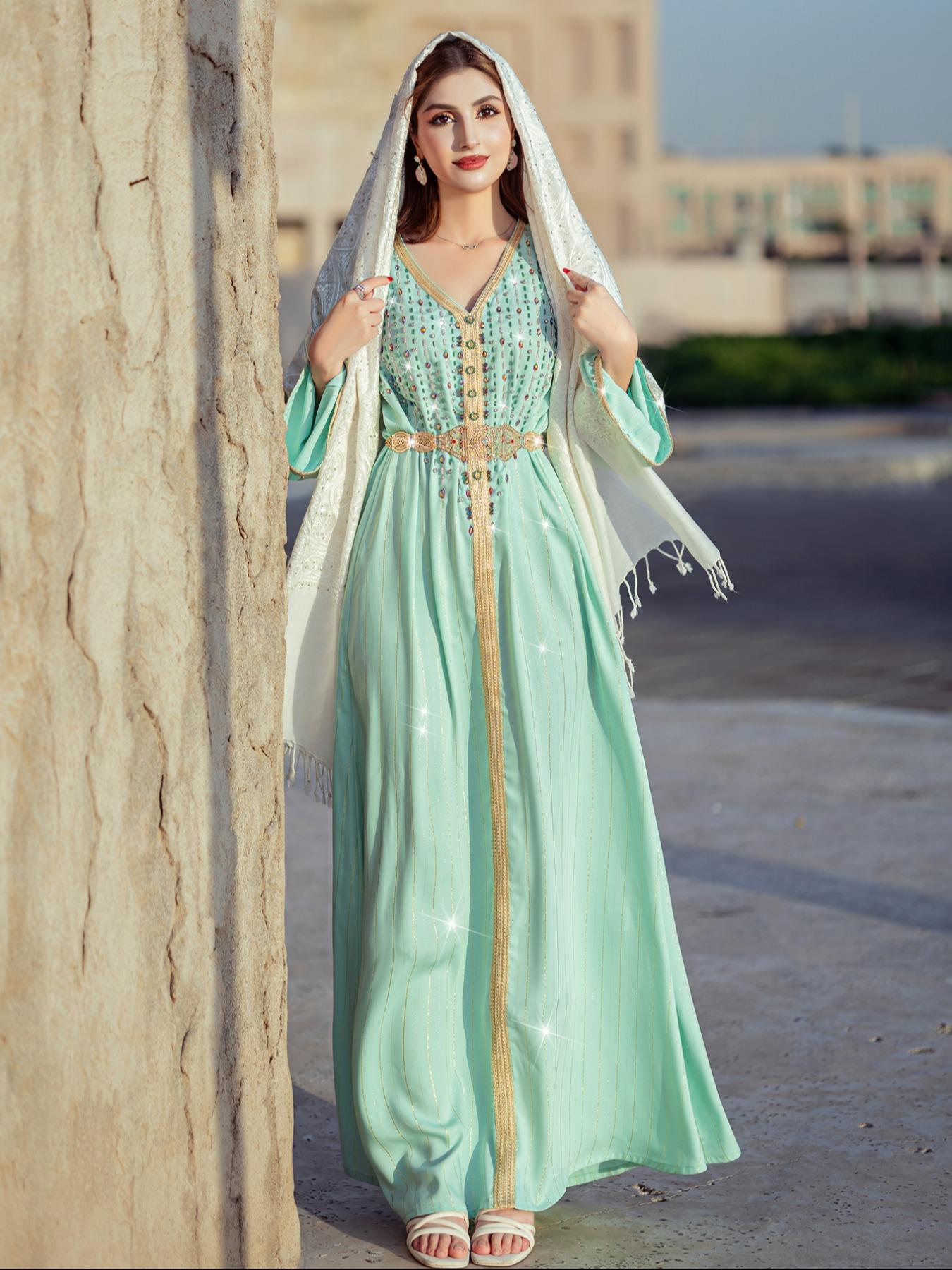 embroidered belted kaftan dress Kaftan Dress - Resort & Formal Wear - 2-Piece White Geometric Embroidery Belted - Sheer Chiffon - US 6