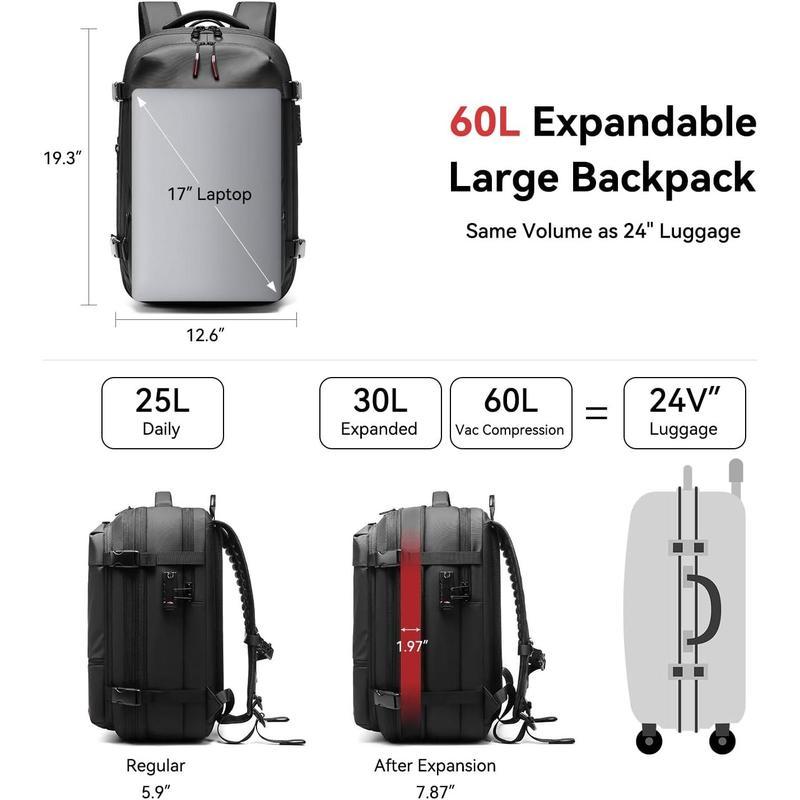 Kabaqoo Airback Vacuum Seal Compression Travel Backpack 60L Expandable Vacpack Water Resistant TSA Lock Airbag Black (Electric AirPump included)  travel accessories travel essentials Outdoorfun