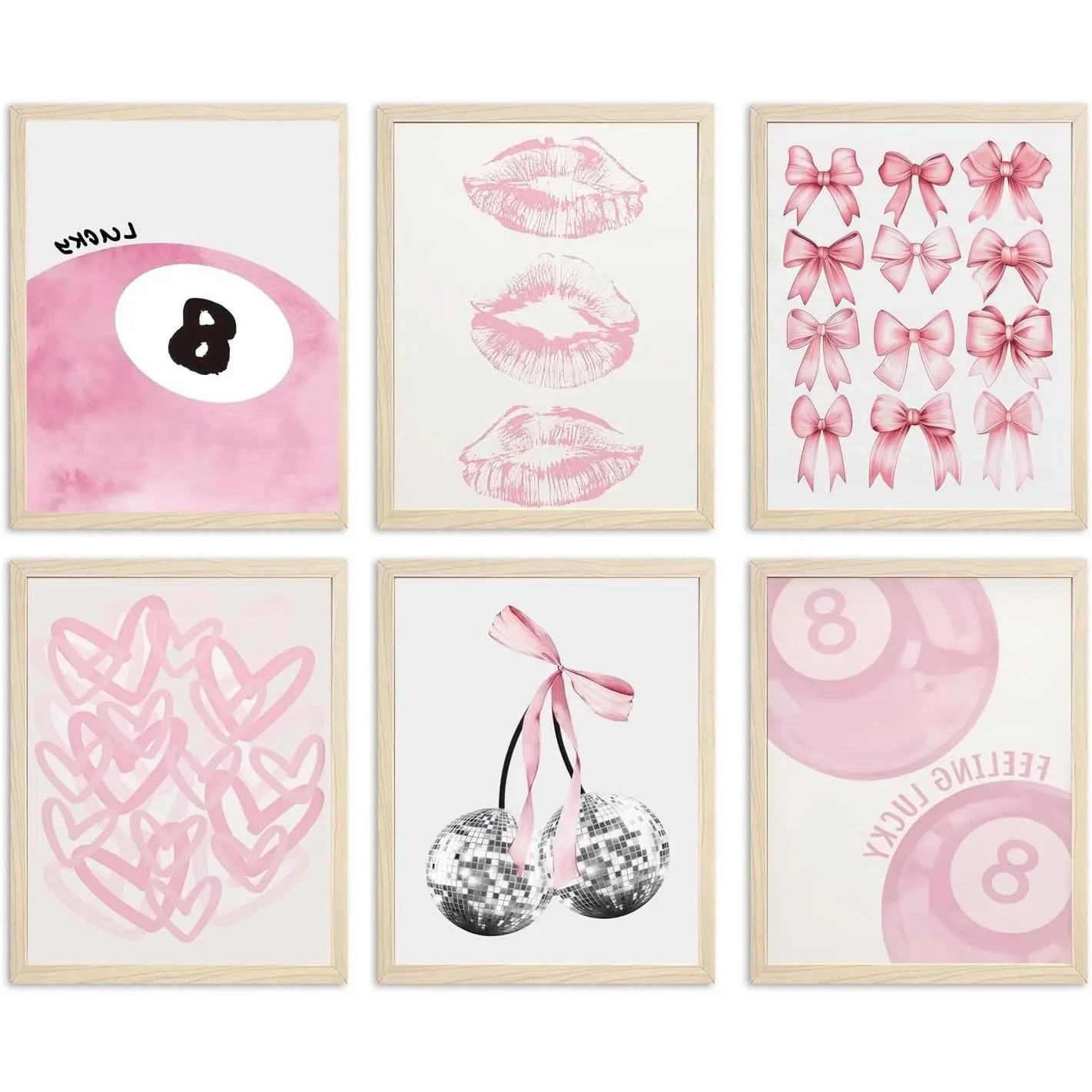 Cute Pink Girl Poster Set of 6, Light Pink Coquette Wall Art, Trendy Lucky 8 Ball Wall Decor, Pastel Paintings for College Apartment Bedroom Living Room Dorm, 8x10 inch UnframedGift