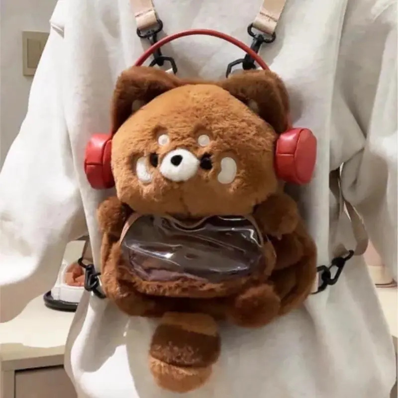 JIAERDI Cute Cartoon Raccoon Backpack Women Plush Transparent Large Capacity School Bags Ladies Lolita Soft Mochilas Mujer 2025