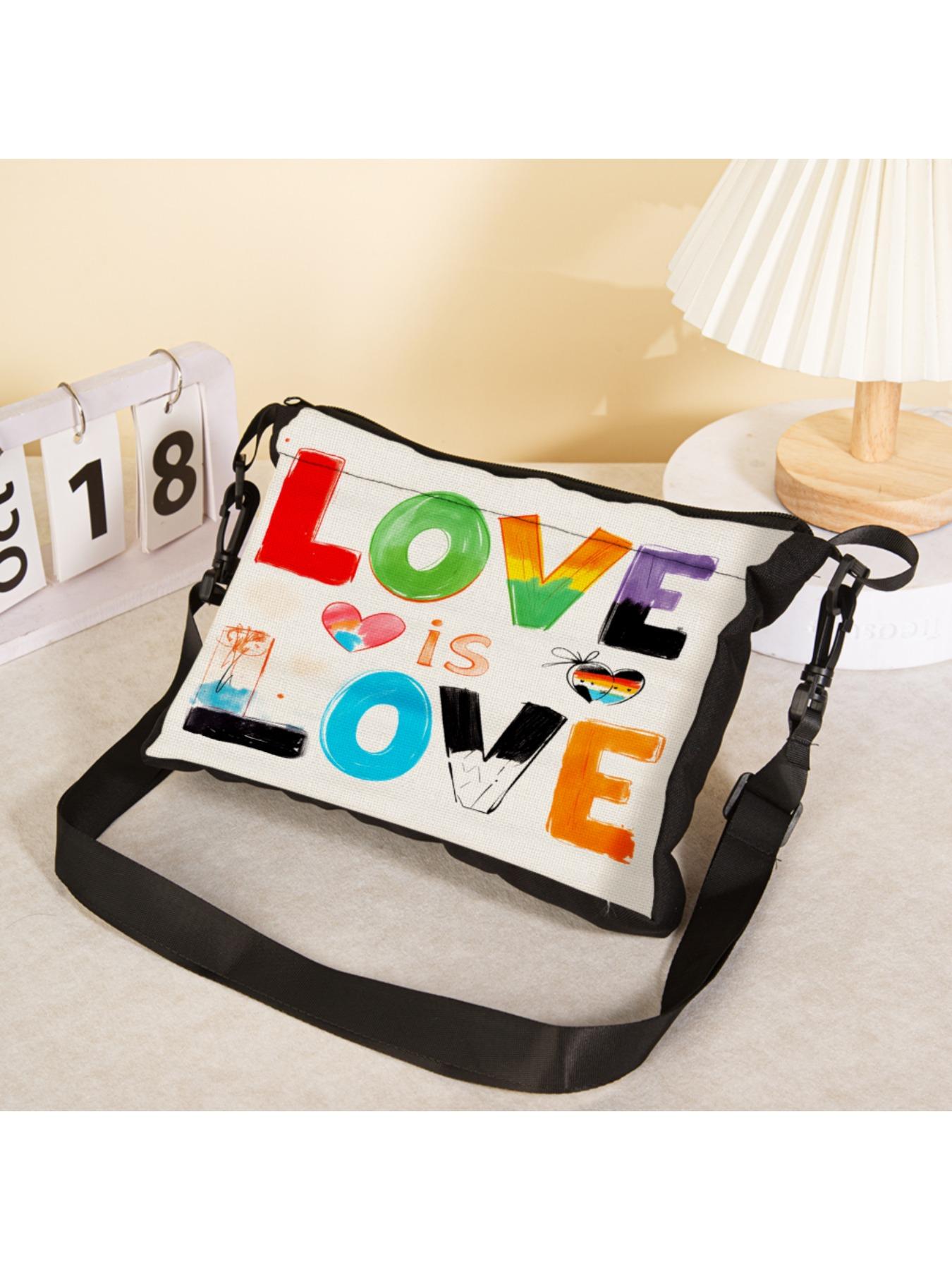 1pc Love Is Love Rainbow Print Crossbody Bag Women Shoulder Bag Colorful Text And Heart Design For Pride Events Party Outings Casual Wear With Adjustable Strap Perfect For Daily Use Commuting Shopping