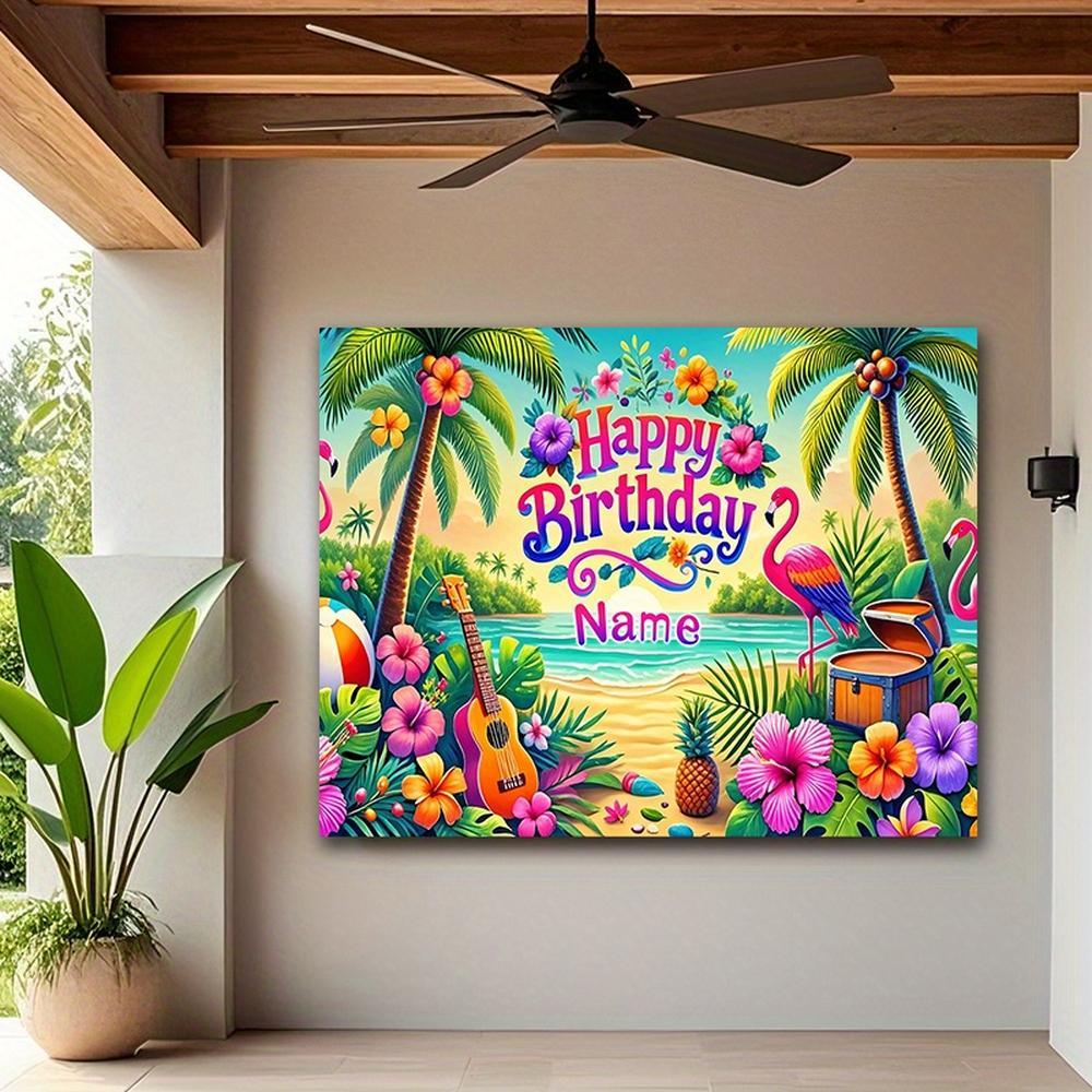 2D Flat Banner polyester photography backdrop, HD digitally printed soft lightweight foldable background cloth, vibrant tropical beach flamingo birthday party theme with palm trees, flowers, ukulele, pineapple, and ocean, ideal fo