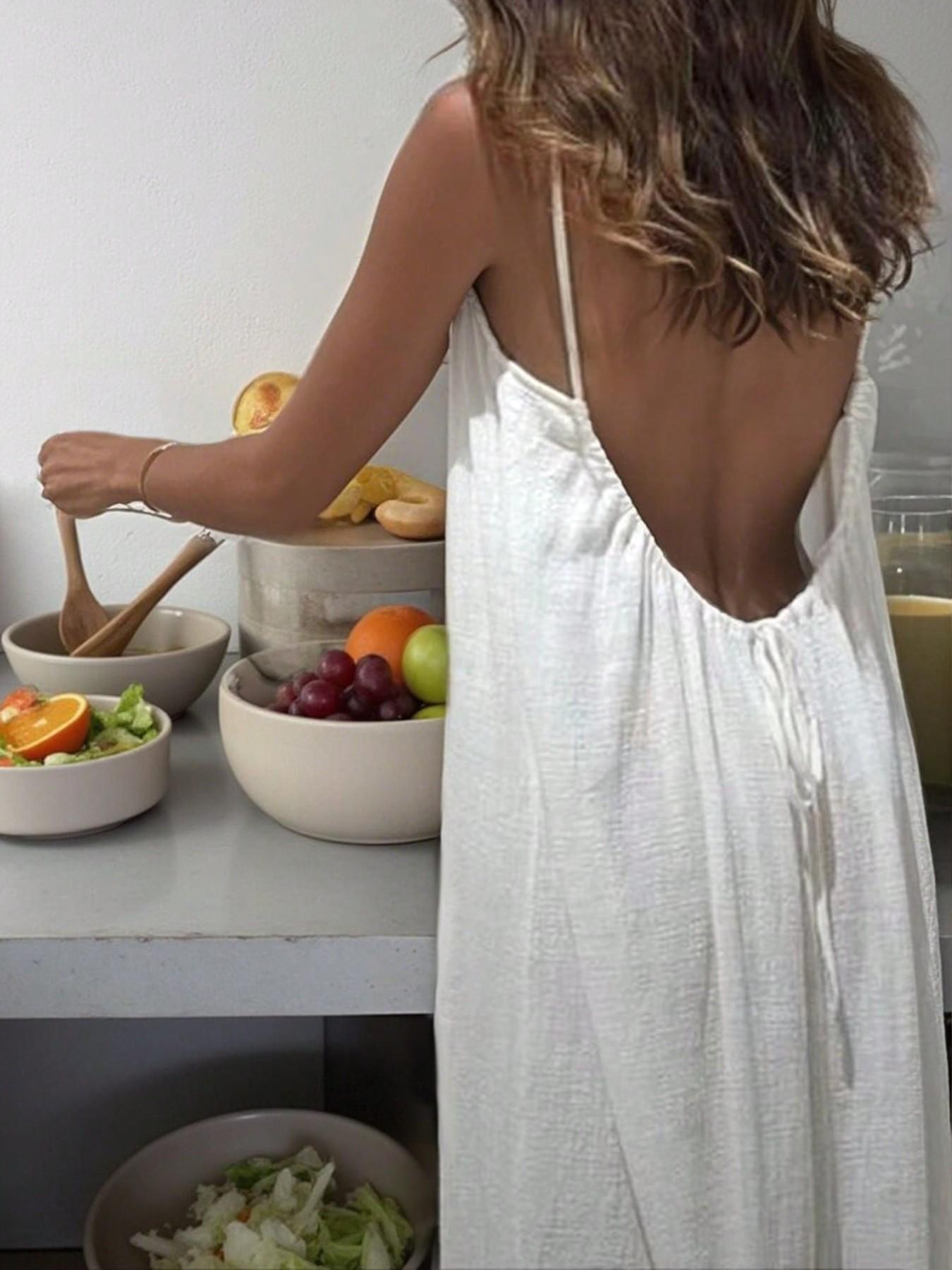 Plus Size Summer Cotton Linen Backless Strap Dress, Loose Vacation Long Dress, Beachwear Sundress, Casual Boho Style