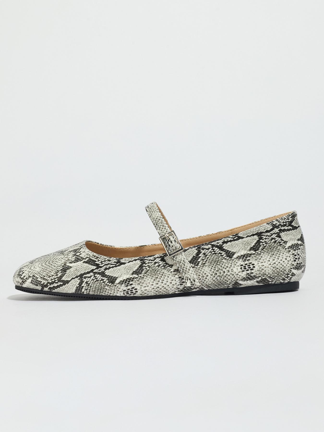 Women's Retro Snake Print Flat Mary Jane Shoes, Metal Buckle Slip-On Ballet Flats, Comfortable Low Heel Summer Shoes, Casual Flats