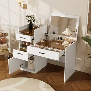 3-in-1 Vanity Desk with Flip Top Mirror, Glass Top Compact Makeup Vanity & Hidden Storage, Vanity Table with 3 Drawers and Cabinet, Space-Saving Dressing Tablefor Bedroom, White