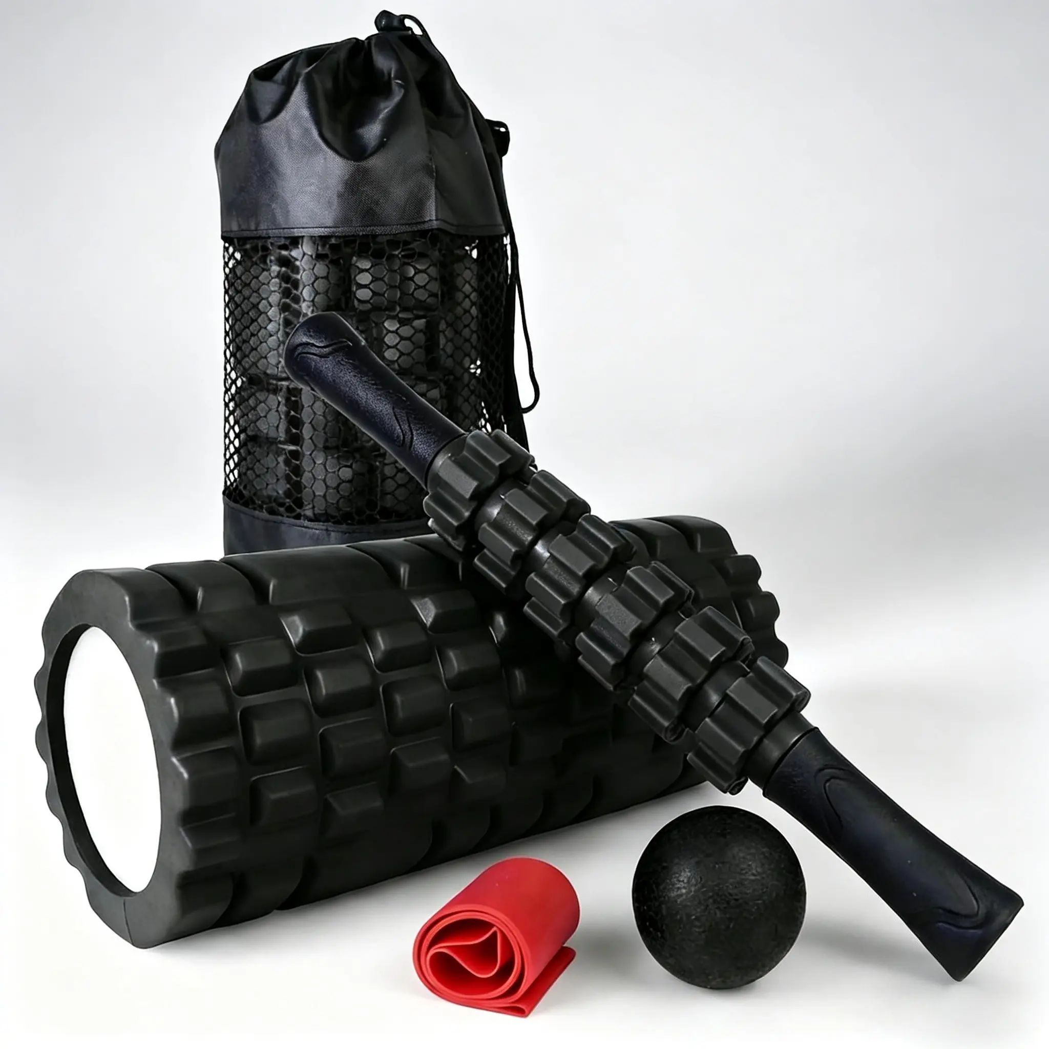 5 in 1 Foam Roller Set High Density Trigger Point Foam Roller, Muscle Roller Stick, Massage Ball, Resistance Band & Storage Bag for Yoga Pilates Workout Muscle Recovery