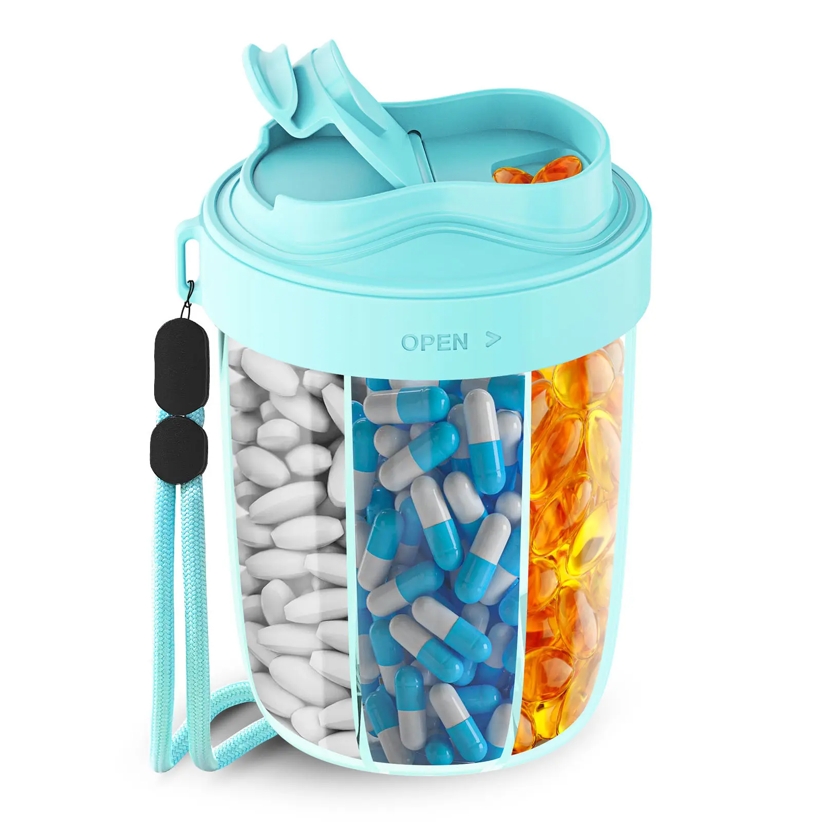 Large Pill Organizer Box, Vitamin Tablet Dispenser for 6 Types, Anti-Mixing Wide Mouth Design, Easy Access Medicine Case
