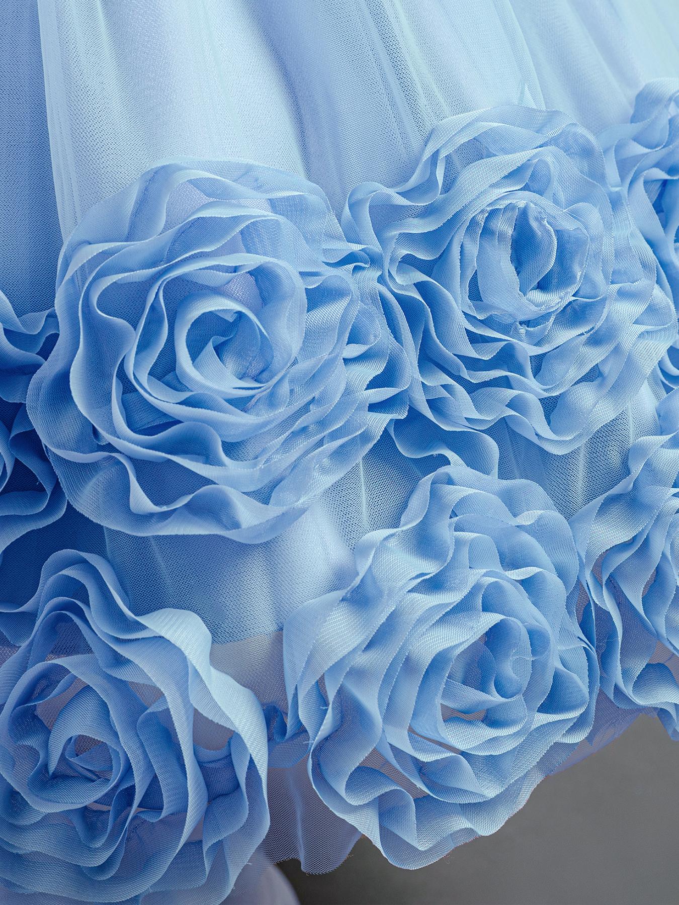 Girls Short Sleeve Party Dress Floral Embroidery Puffy Tulle Bow Flower Girl Princess Gown