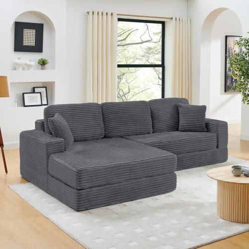 [2 packing delivery] Niccae Left Seat L-Shaped Sectional Sofa, Compressed Corduroy, Modern Minimalist Design,Converts to Bed,Space-Saving&Comfortable,(Ships in 2 Packages)