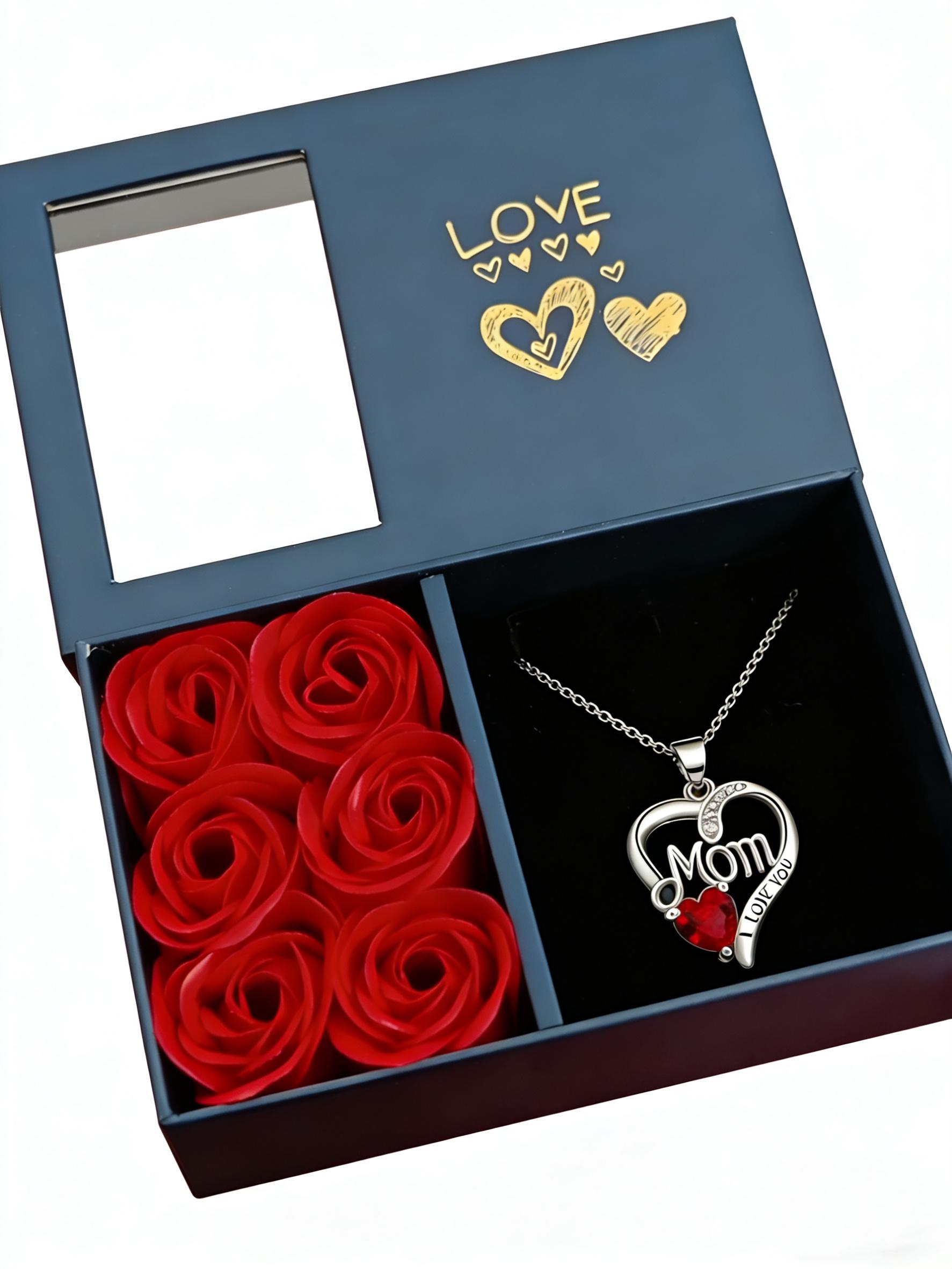Heart Engraved Diamond Pendant Necklace, Eternal Rose Flower Gift Box, Mother's Day Present, Love Mom Jewelry, Elegant Design