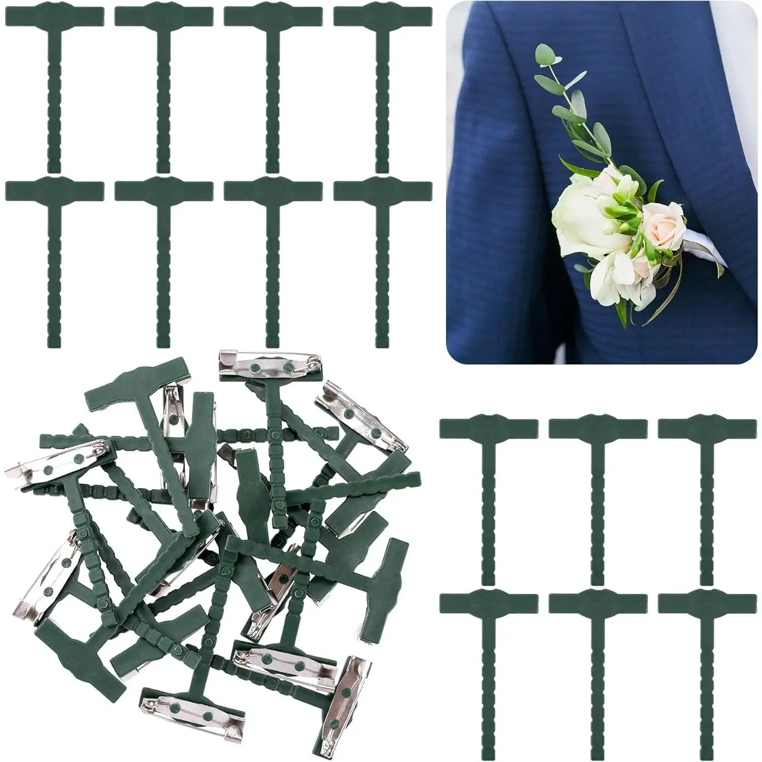 20 Pcs T-Shaped Boutonniere Pins for Men, Plastic Boutonniere Kit, Tiny Boutonniere Supplies, Pins for Boutonniere, Flowers, Wedding, Birthday, Festivals (Green)