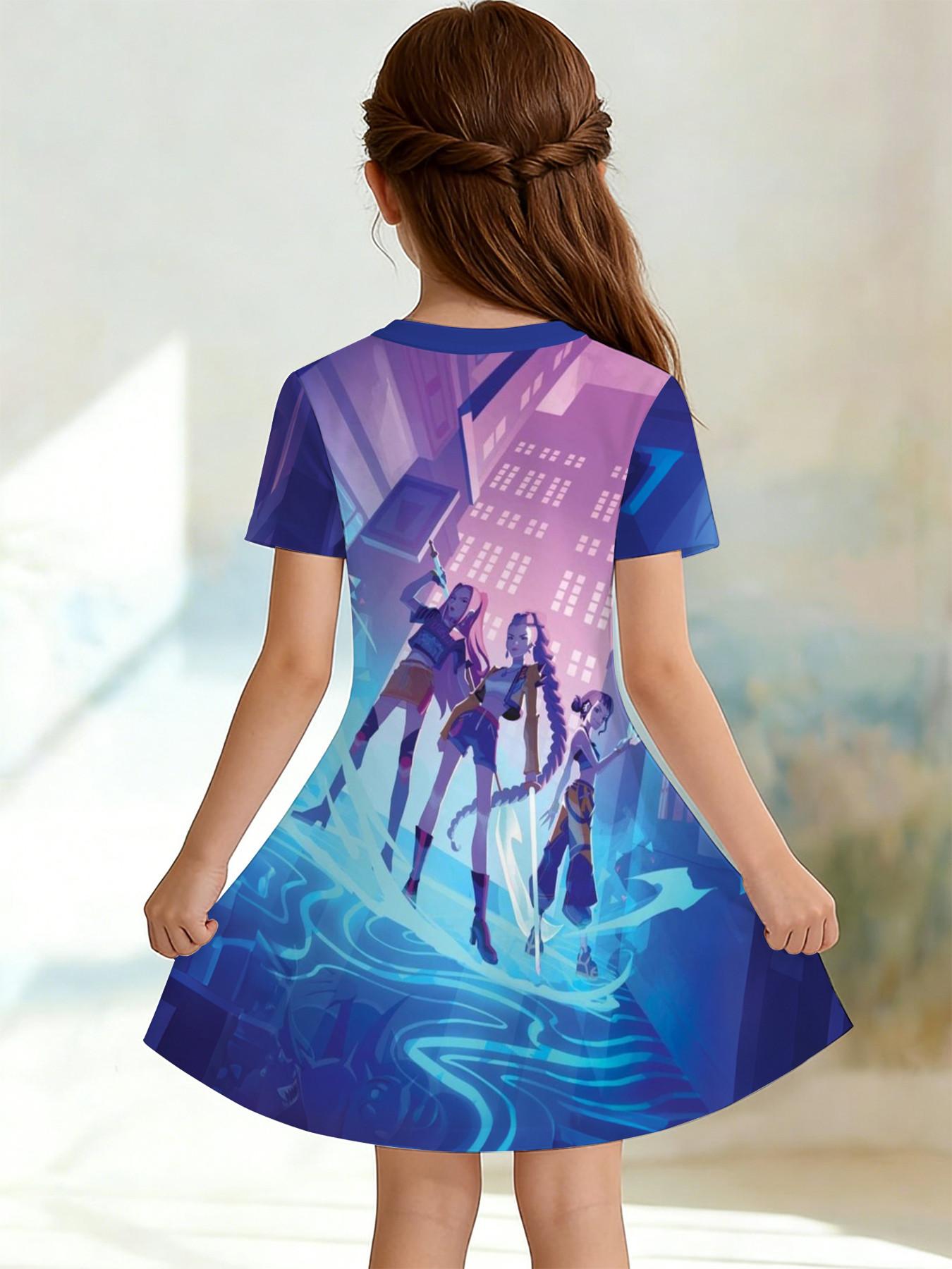 Girls' 3D Short Sleeve Dress, K-Pop Demon Hunters Neon Stage Print, Summer Party Wear, Perfect for Gifts and Birthdays