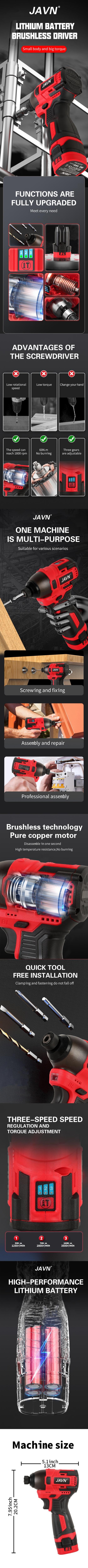 Javn 16v Electric Mini Drill Screwdriver, 160Nm Heavy-Duty Impact Driver, Cordless Household Power Tool, Men's Gift, Brushless