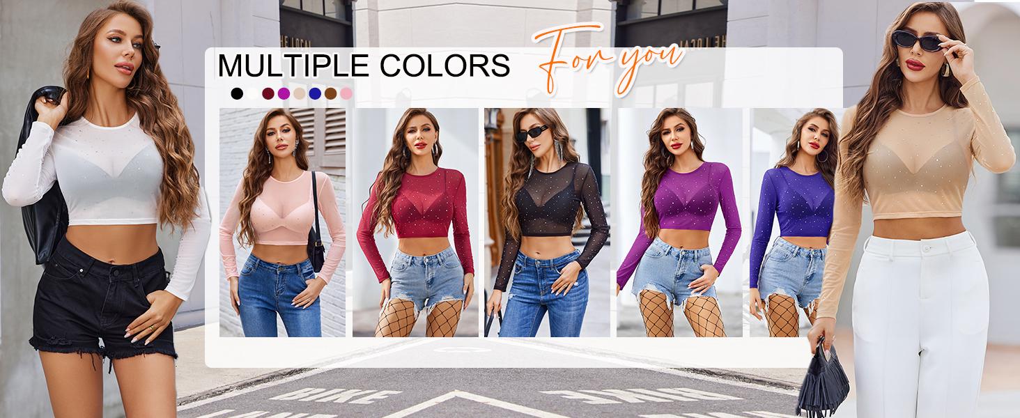 Avidlove Womens Sparkly Rhinestone Mesh Top Long Sleeve Sheer Shirt Crewneck Glitter Tops See Through Crop Top