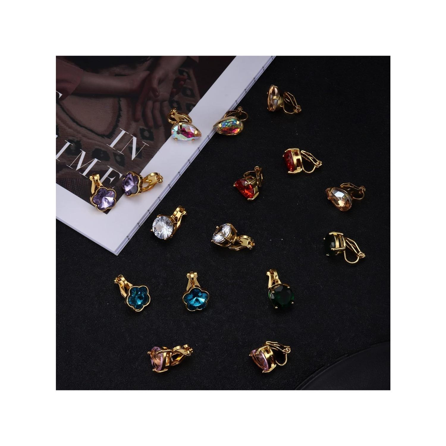 8 Pairs Clip On Earrings Set for Women - Non-Pierced CZ Heart, Butterfly, Flower Earrings - Hypoallergenic, Vibrant Color Birthstone Clip Ons