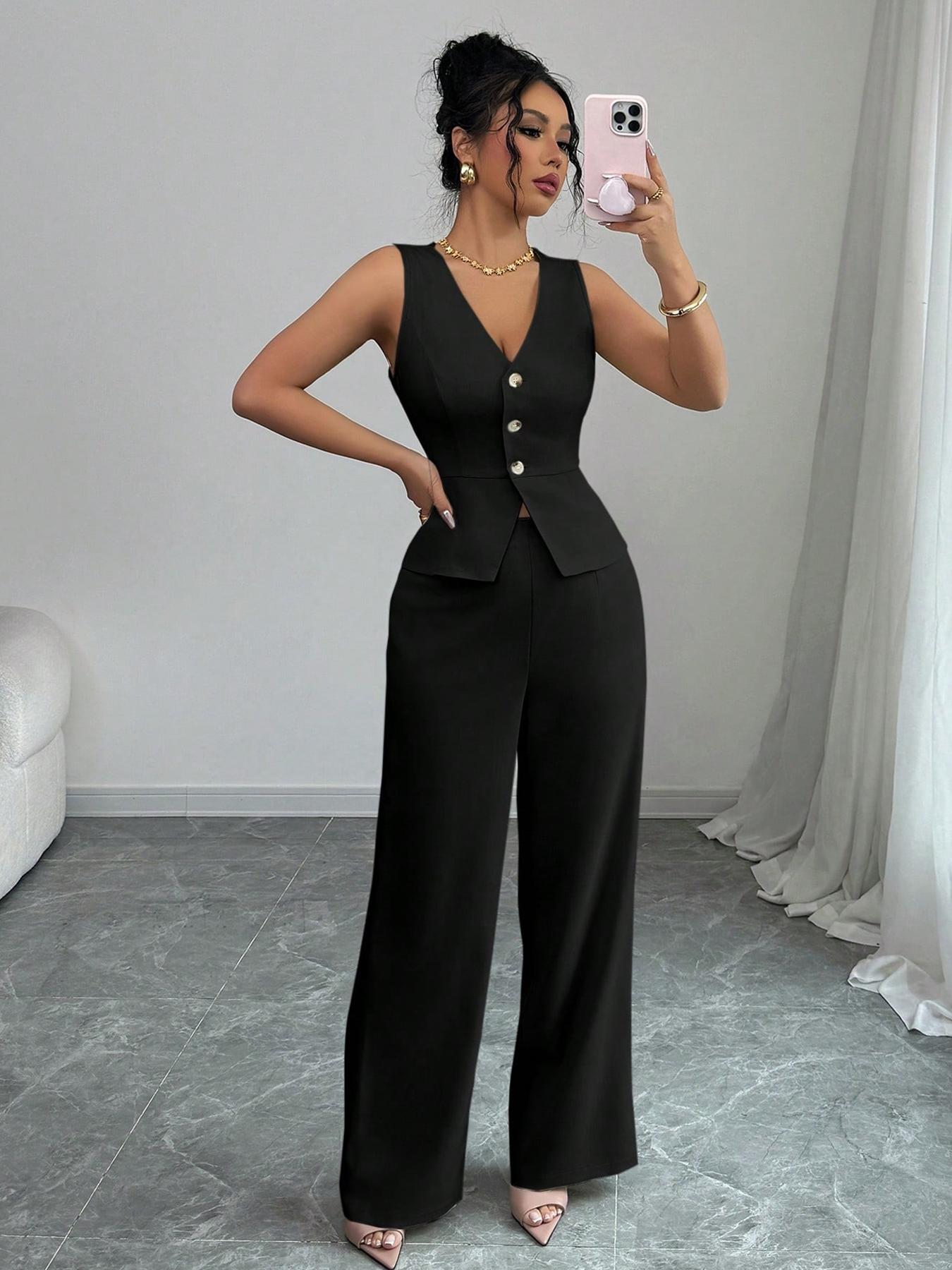 Elegant Women's V Neck Sleeveless Bodycon Vest & High Waist Pants Set, Spring Summer Fashion Two-Piece, Slim Fit Casual Wear