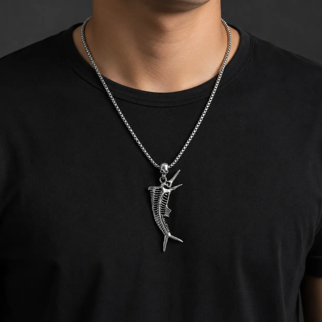 Vintage Gothic Oversized Alloy Metal Fish Skeleton Necklace for Male Wear - Elongated Form Silver-Tone Fossil Fish Skull Pendant, 23.62in Chain for Everyday Use