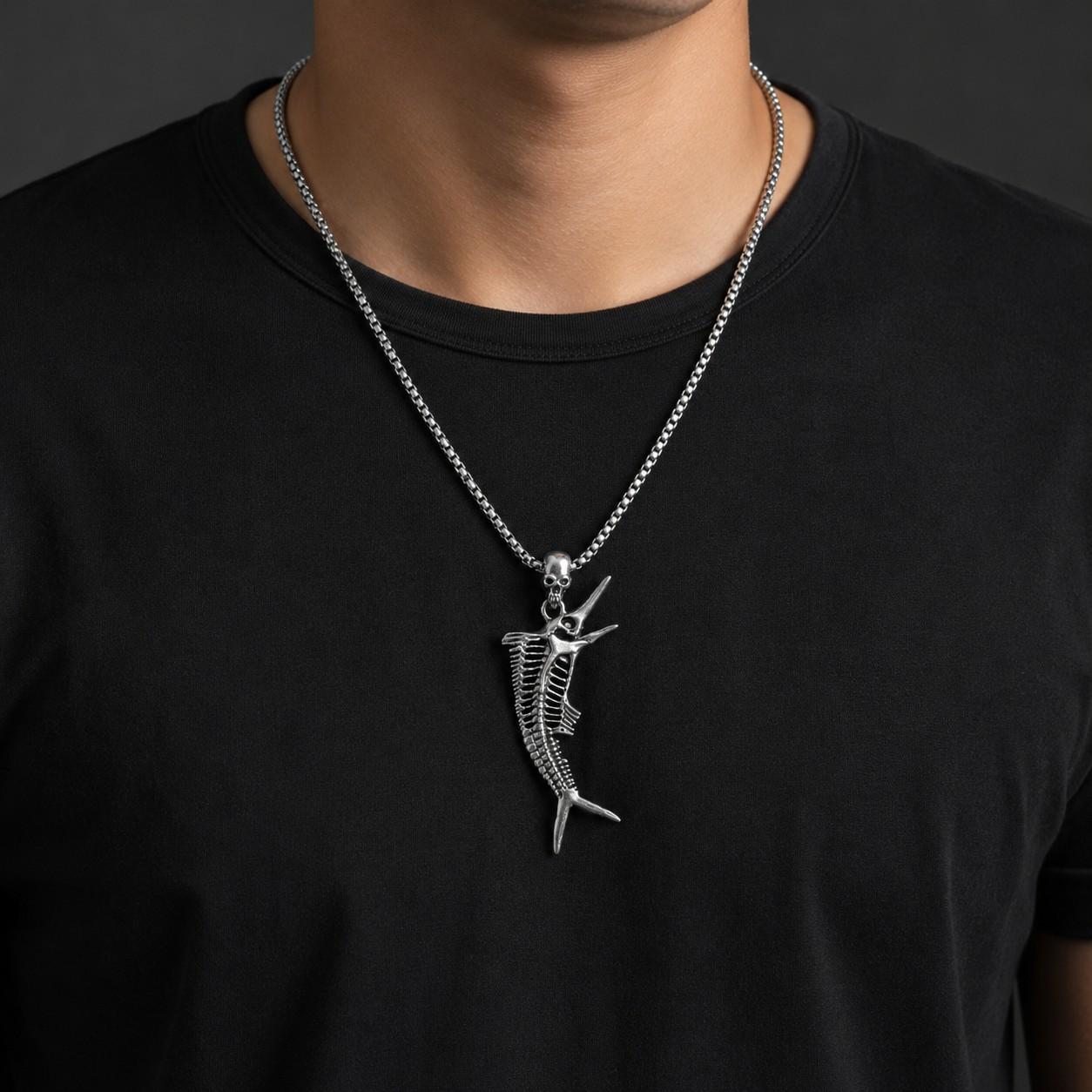 Vintage Gothic Oversized Alloy Metal Fish Skeleton Necklace for Male Wear - Elongated Form Silver-Tone Fossil Fish Skull Pendant, 23.62in Chain for Everyday Use