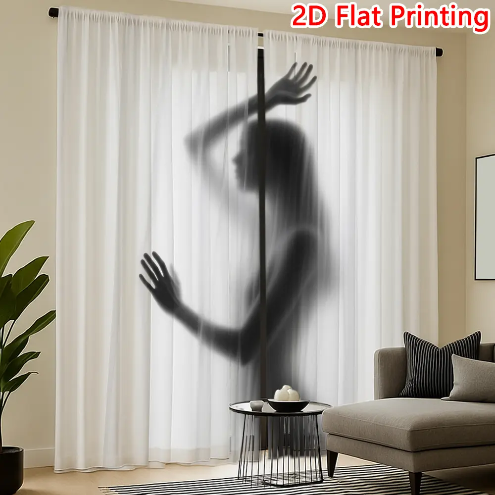 Jit 2D Flat Printing 2pcs  Blurred silhouette behind sheer white curtain Pattern Curtains,Rod Pocket Curtains Easy To Hang,Semi Blackout Polyester Curtains,Machine Washable,Suitable for Various Scenarios