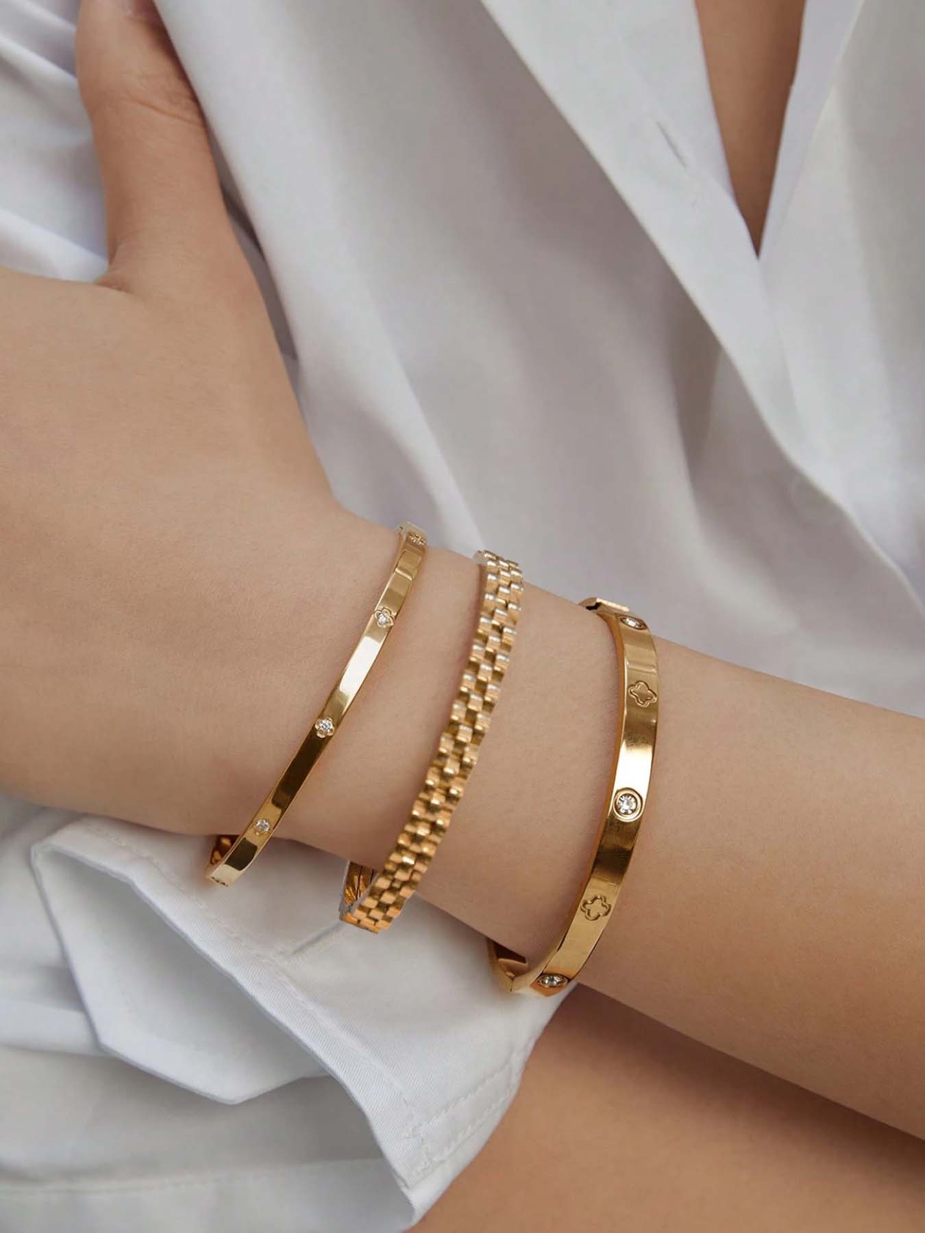 3-Piece Set of 304 Stainless Steel Stackable Bracelet with Chain and Clover Design, Fashionable Style, Suitable for Women, Suitable for Leisure, Party, Festival, Birthday, Wedding, Valentine's Day Gift, Mom, Mother's Day Gift