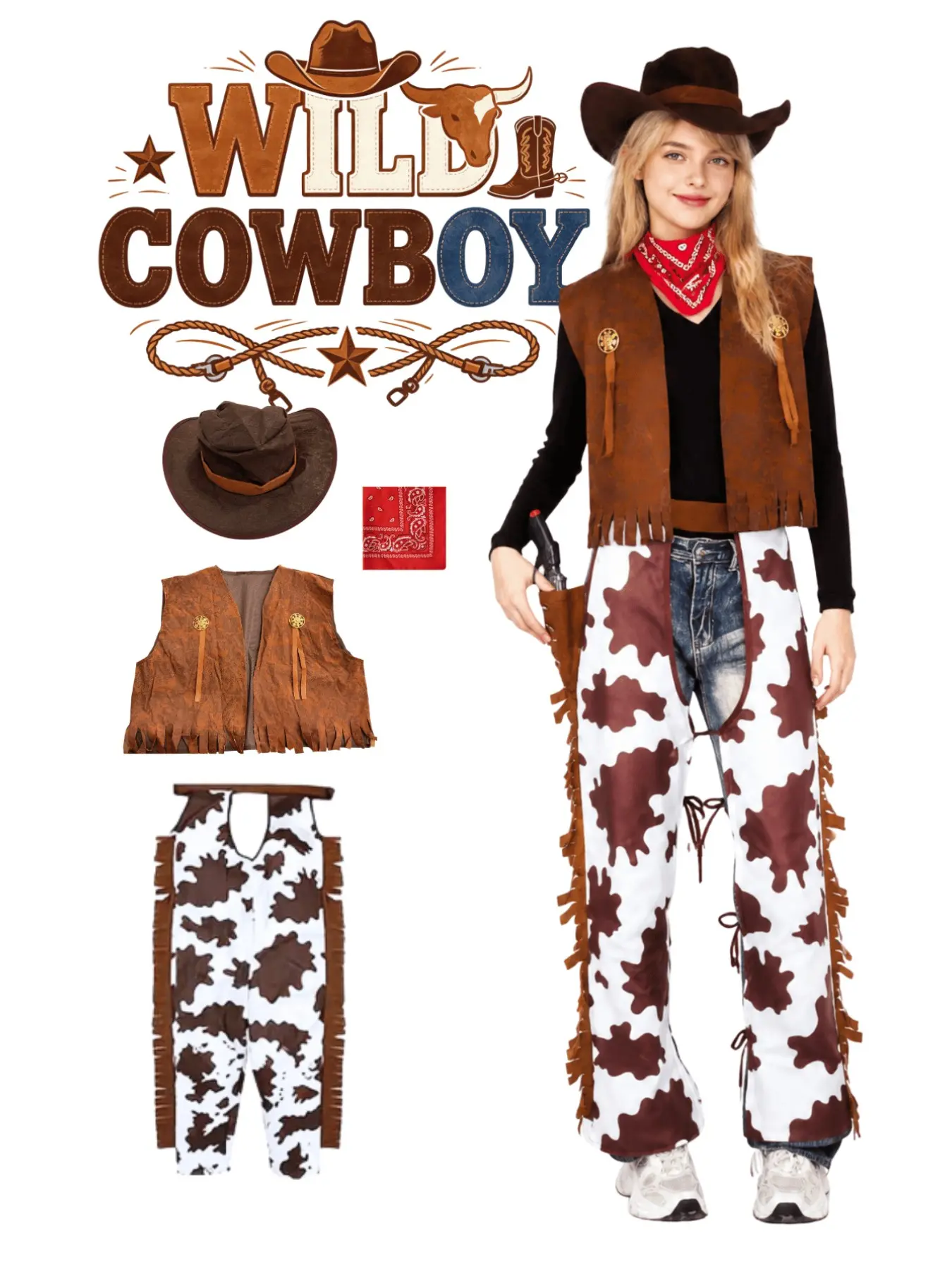Women Western Cowboy Costume Full Set Suede Fringe Vest Cow Print Chaps Bandana Cowgirl Hat Wild West Halloween Country Party Costume For Parties Fancy Dress Cosplay Outfit