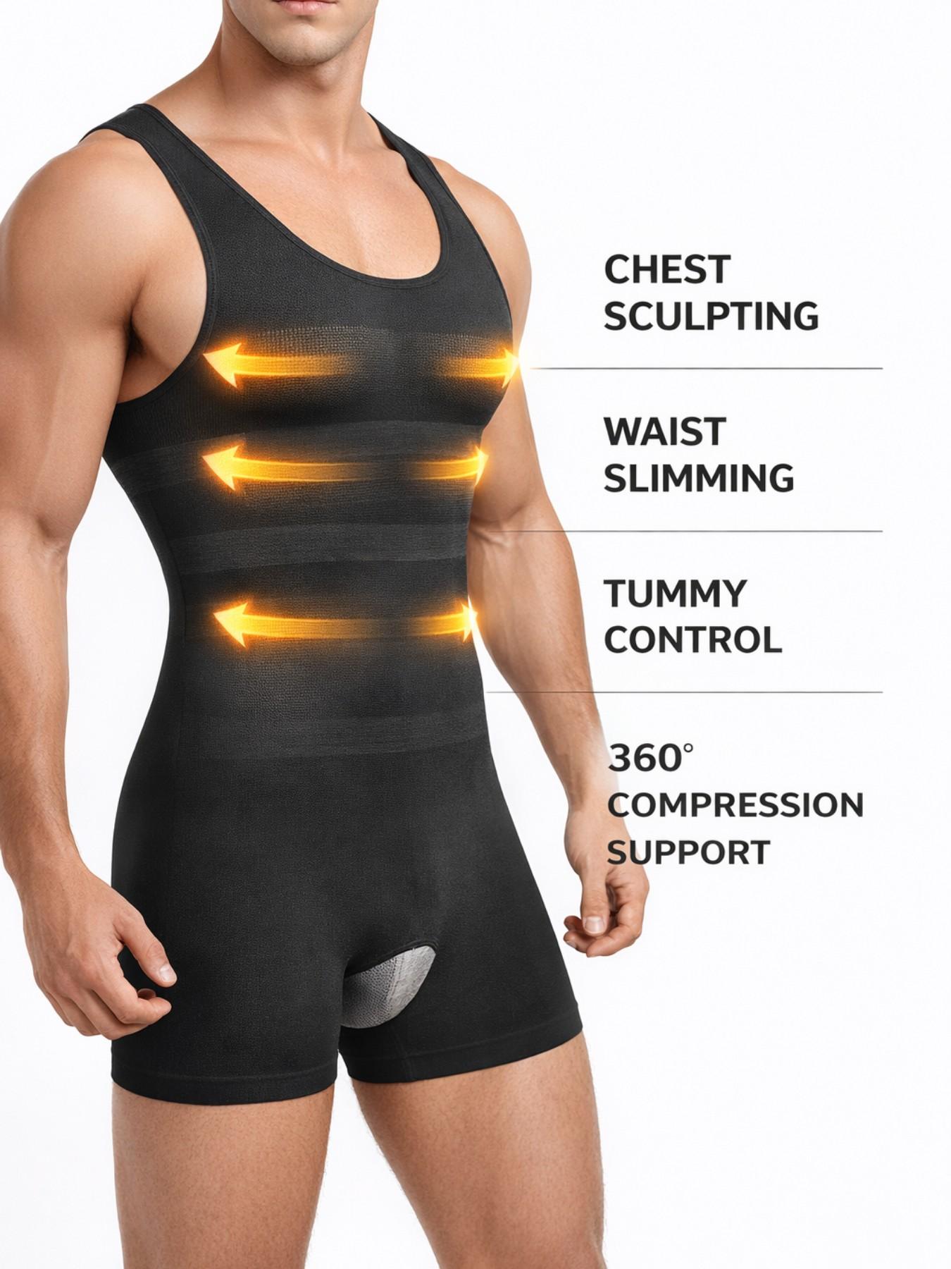 Men’s Full Body Compression Shapewear Bodysuit, Tummy Control Slimming Tank Top Shorts, Chest Sculpting Waist Trainer, Plus Size