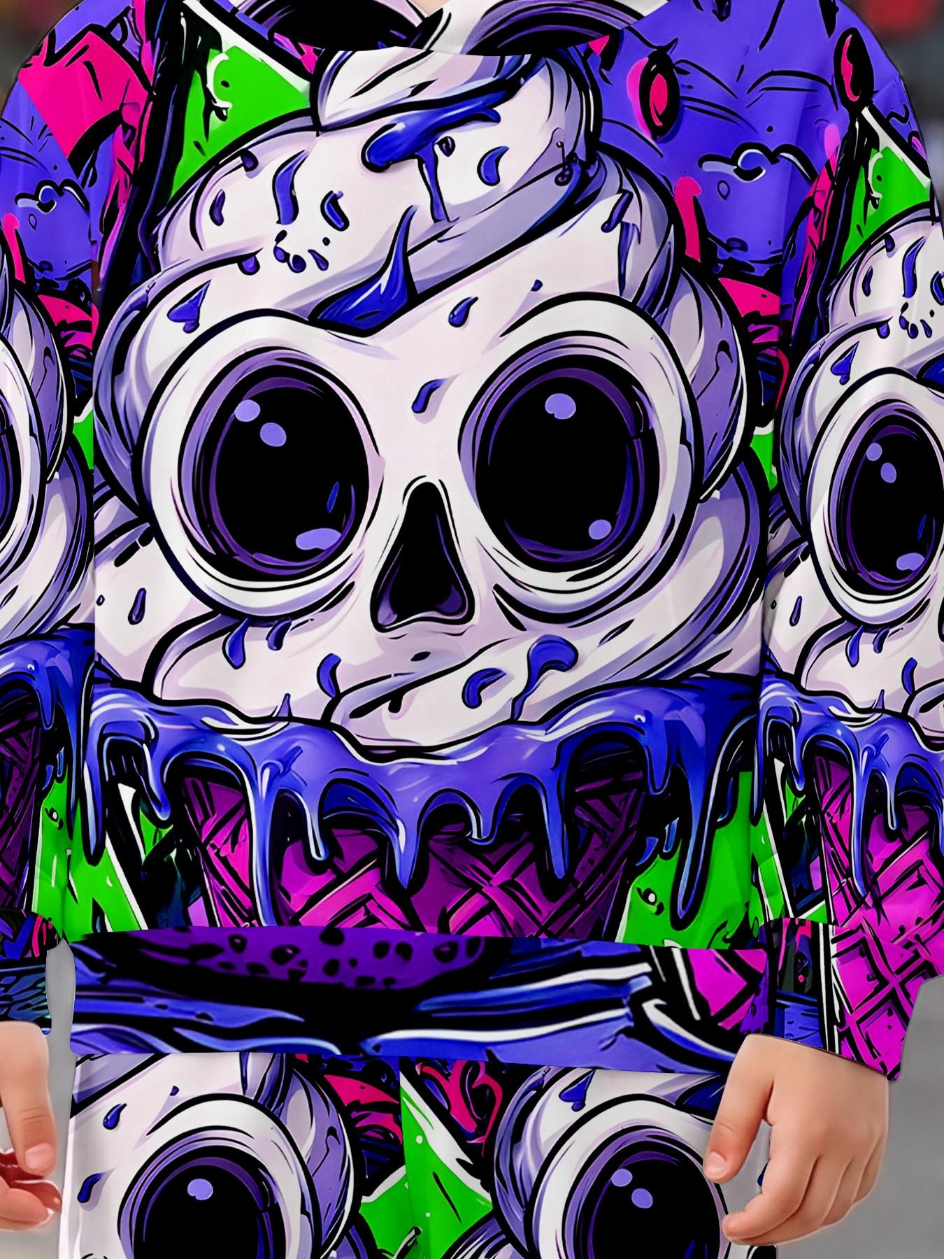 Boys' Creative Skull Ice Cream Full Print Set, Long Sleeve Loose-Fit Sweatpants, Casual Fall & Winter, All over Print Design