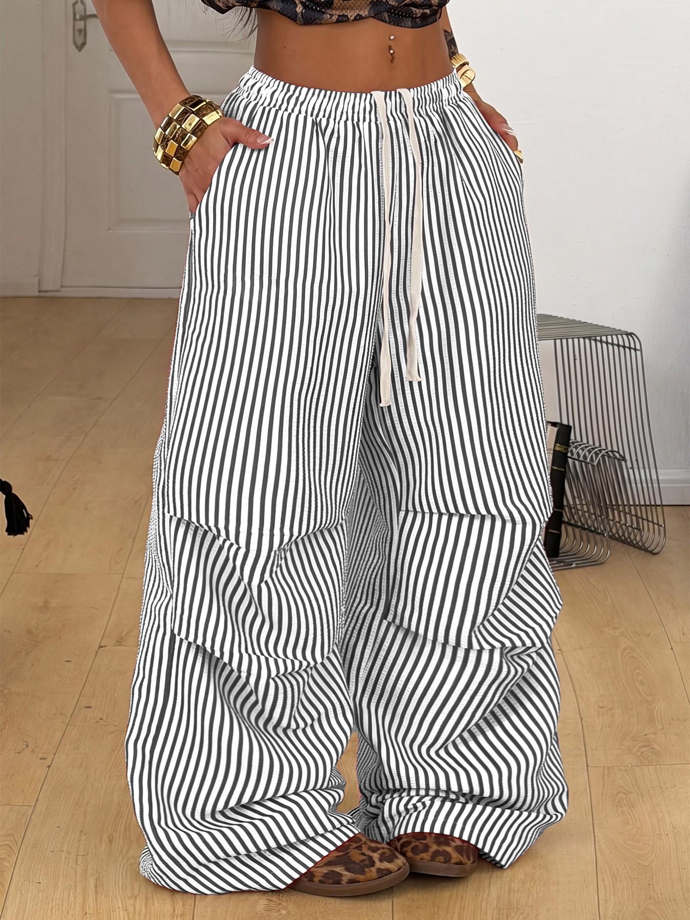 Women's Striped Wide Leg Pants, High Waisted Drawstring Casual Trousers, Loose Fit Baggy Lounge Pants, Y2K Streetwear, Comfortable Everyday Wear