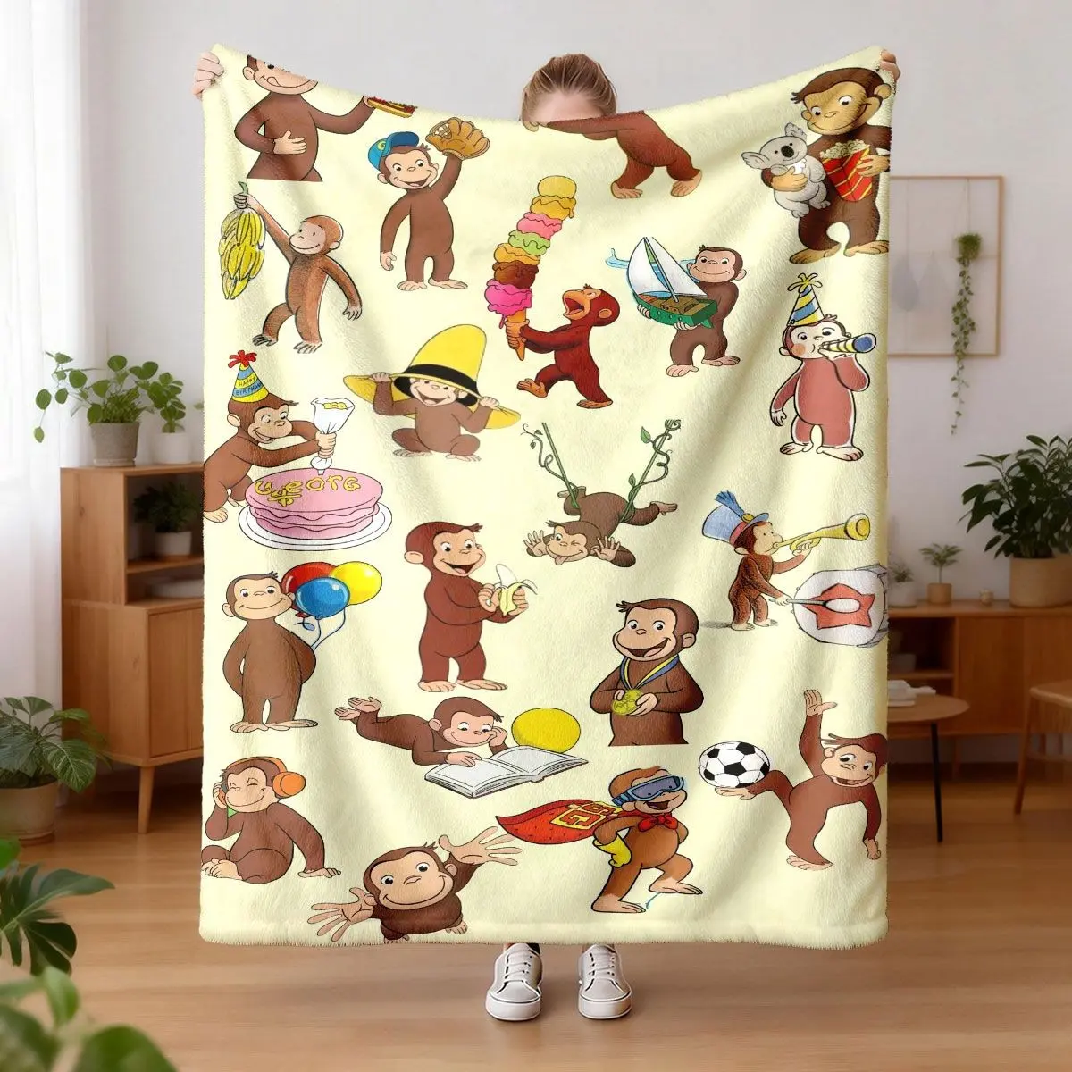 Curious George Monkey Print Flannel Blanket, Comfortable and Warm, Durable for Sofa, Office, Bed, Camping, Travel, Ideal Holiday Gift