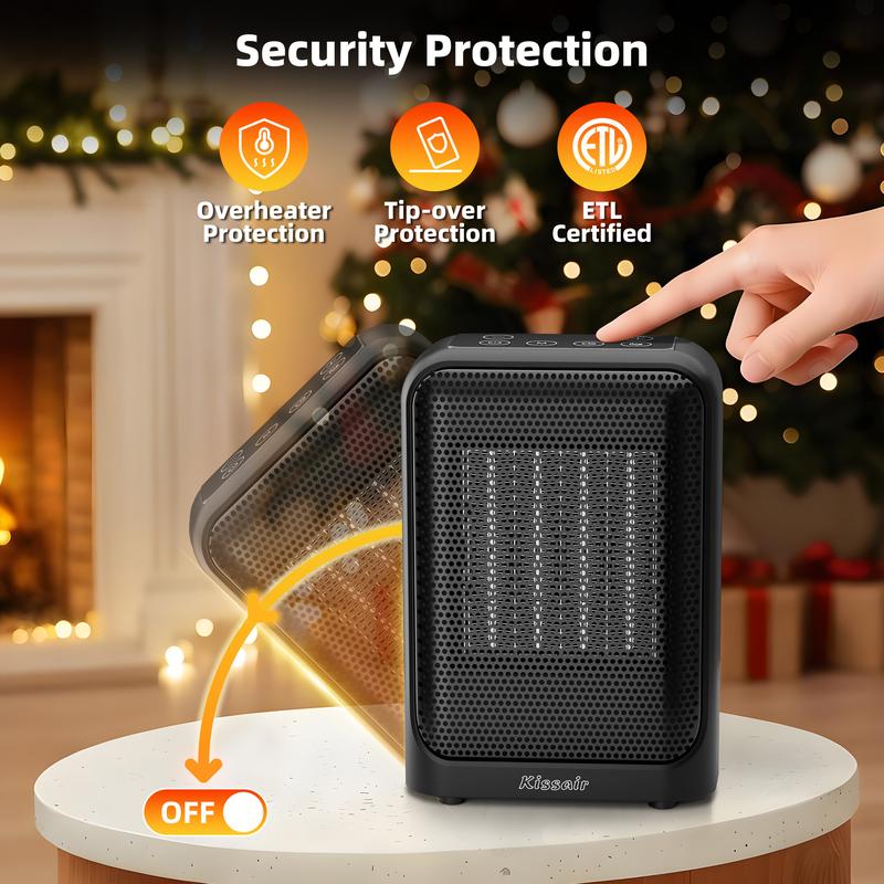 KISSAIR Ceramic Fast-Heating Space Heater: 24-Hour Timer + LED Display, Overheat & Tip-Over Protection (Safer), Quiet DC Motor, Eco/Sleep/Child Lock Modes, Precise NTC Sensor (77°F - 95°F) — For Bedrooms, Offices, Small Apartments, Bathrooms