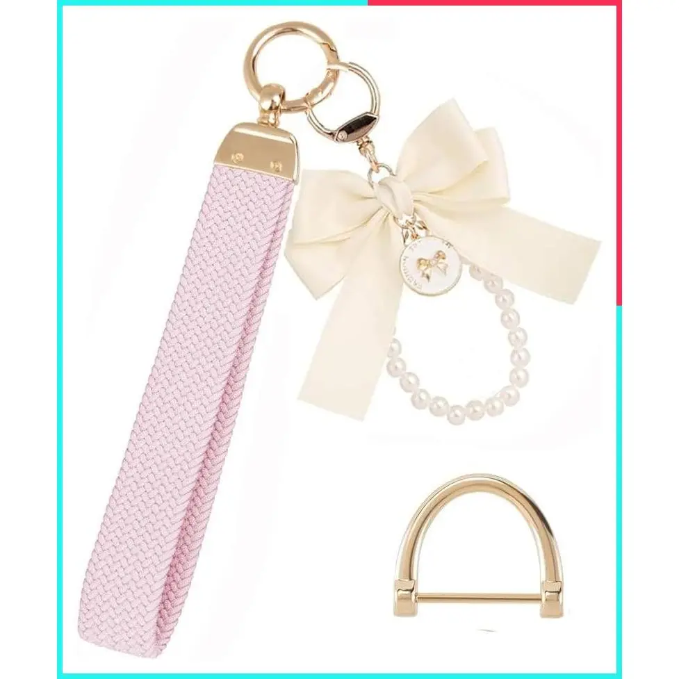 Women's Wristlet Keychain with D-Ring and Cute Bow, Wrist Lanyard Strap for Keys