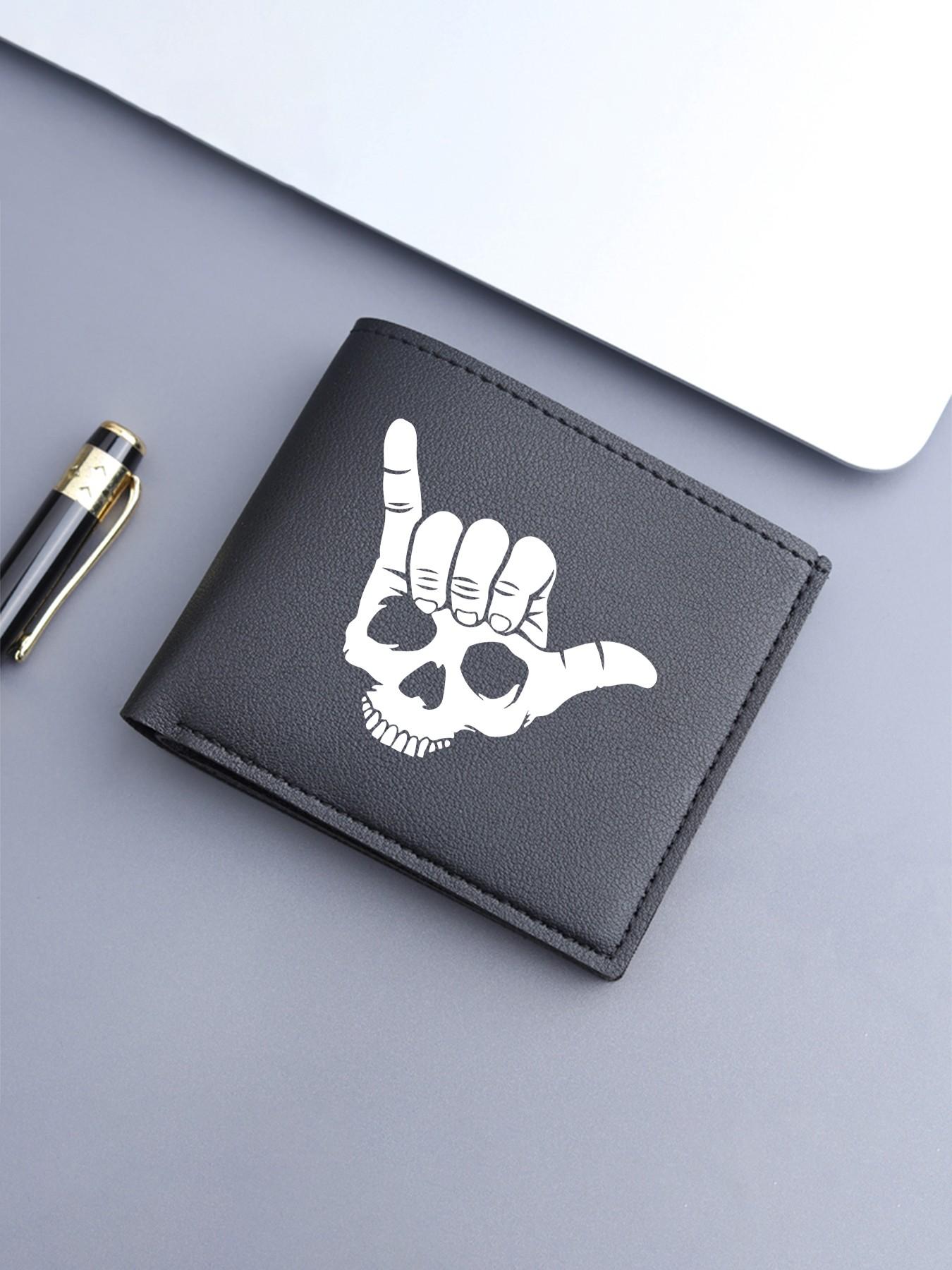 Unisex Skull Shaka Hand Print Bifold Wallet, PU Leather Multiple Card Slots Purse, Casual Everyday Carry Wallet for Men Women, Ideal Gift for Surfers  Trendsetters