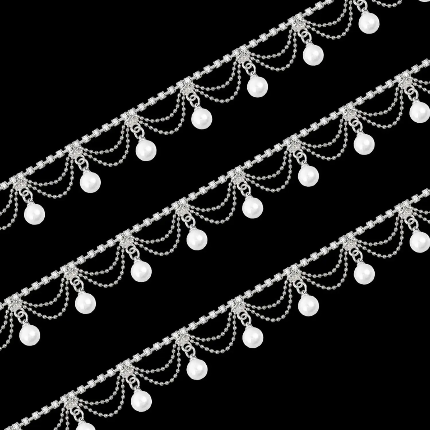 1 Yard Pearl Tassel Rhinestone Fringe Trim Rhinestone Pearl Tassel Chain Diamond Crystal Tassels Fringe Trim for Sewing Crafts Wedding Dress Clothing Accessories DIY Decoration Silver