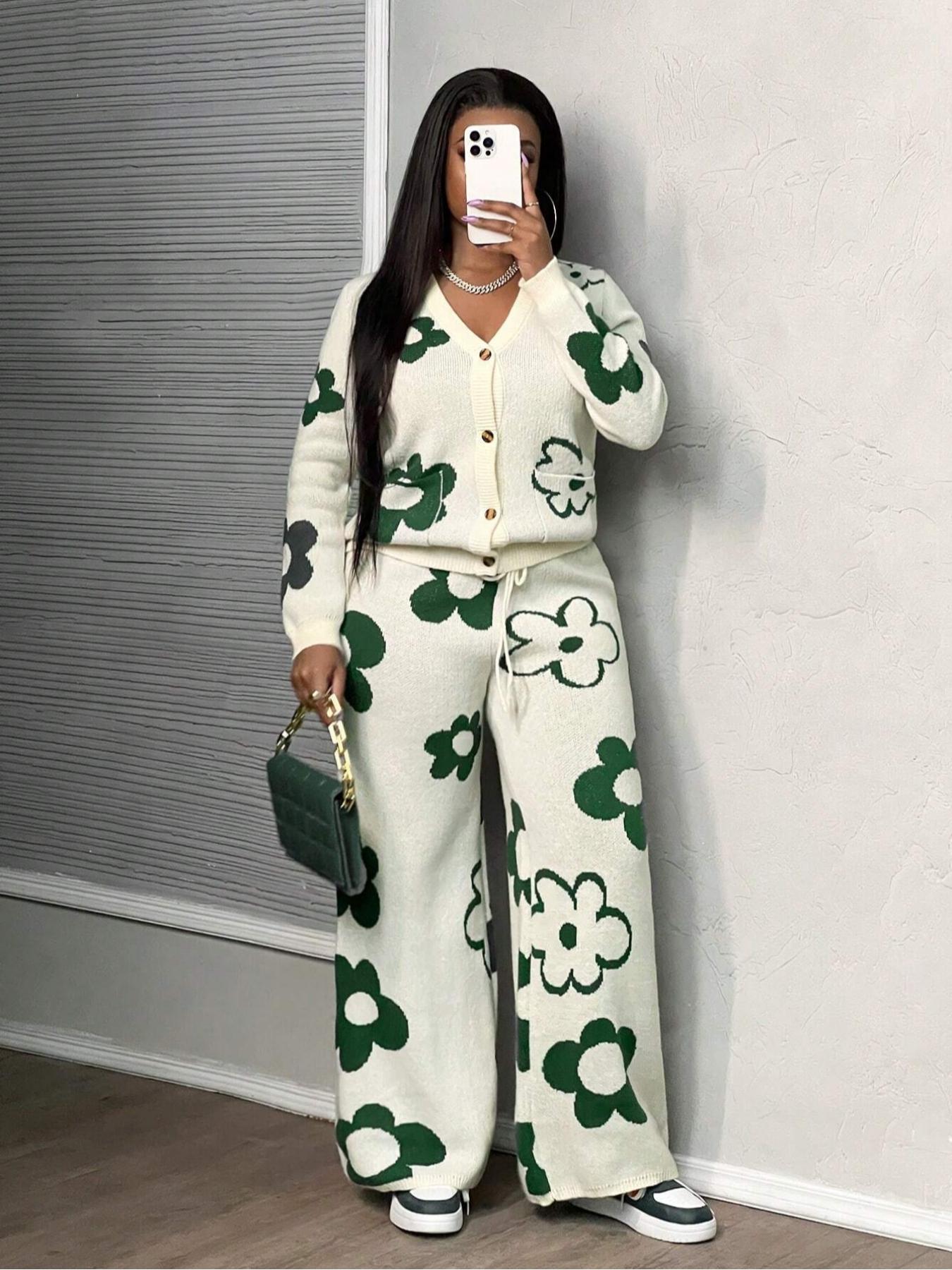Plus Size Floral V Neck Cardigan Set, Fall & Winter Jacquard Sweater and Knit Pants Two-Piece, Casual Loose-Fitting Style