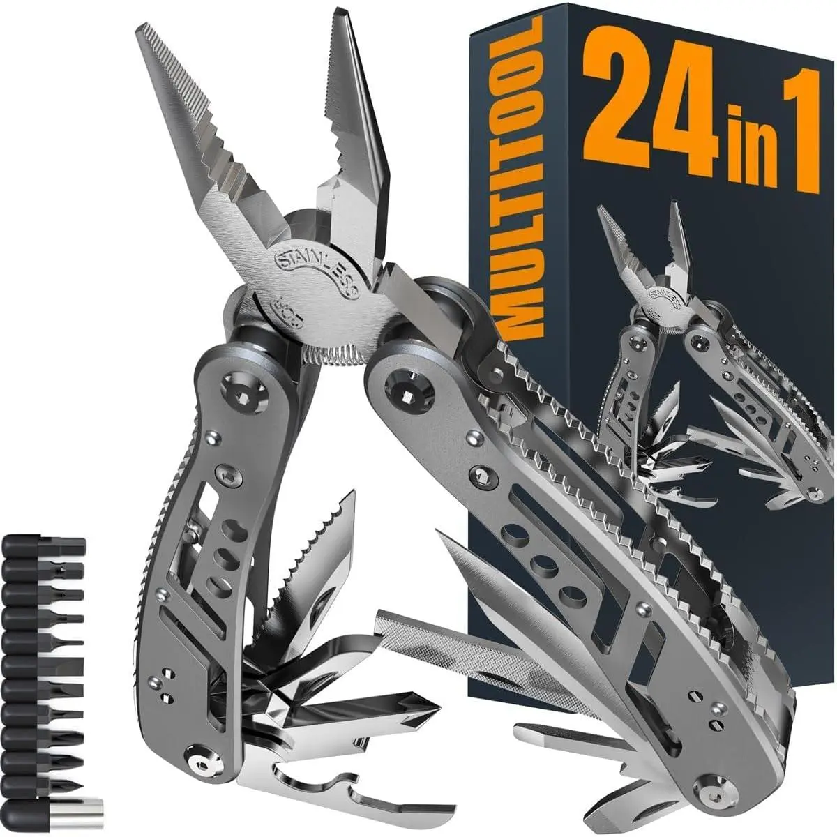 Stainless Steel Multitool (2-Pack) with Knife, Pliers, 11 Bits - 24-in-1 Design, Multiple Functions for Hunting Camping EDC - Ideal Gift for Husband Boyfriend 2238