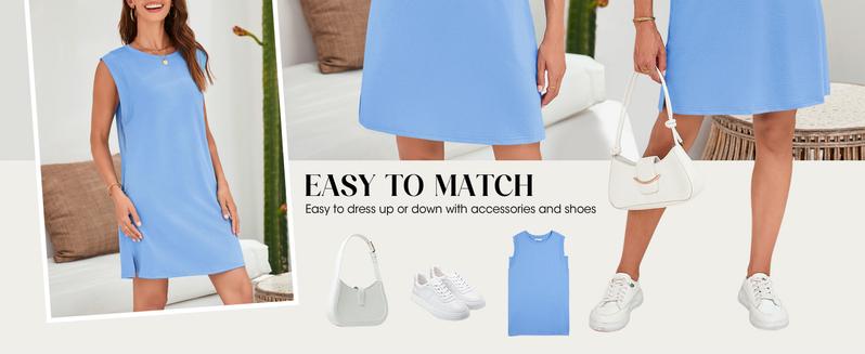 Wenrine Women's Summer Mini Dress Casual Loose Sleeveless Crewneck Slit Basic T Shirt Dresses with Pockets
