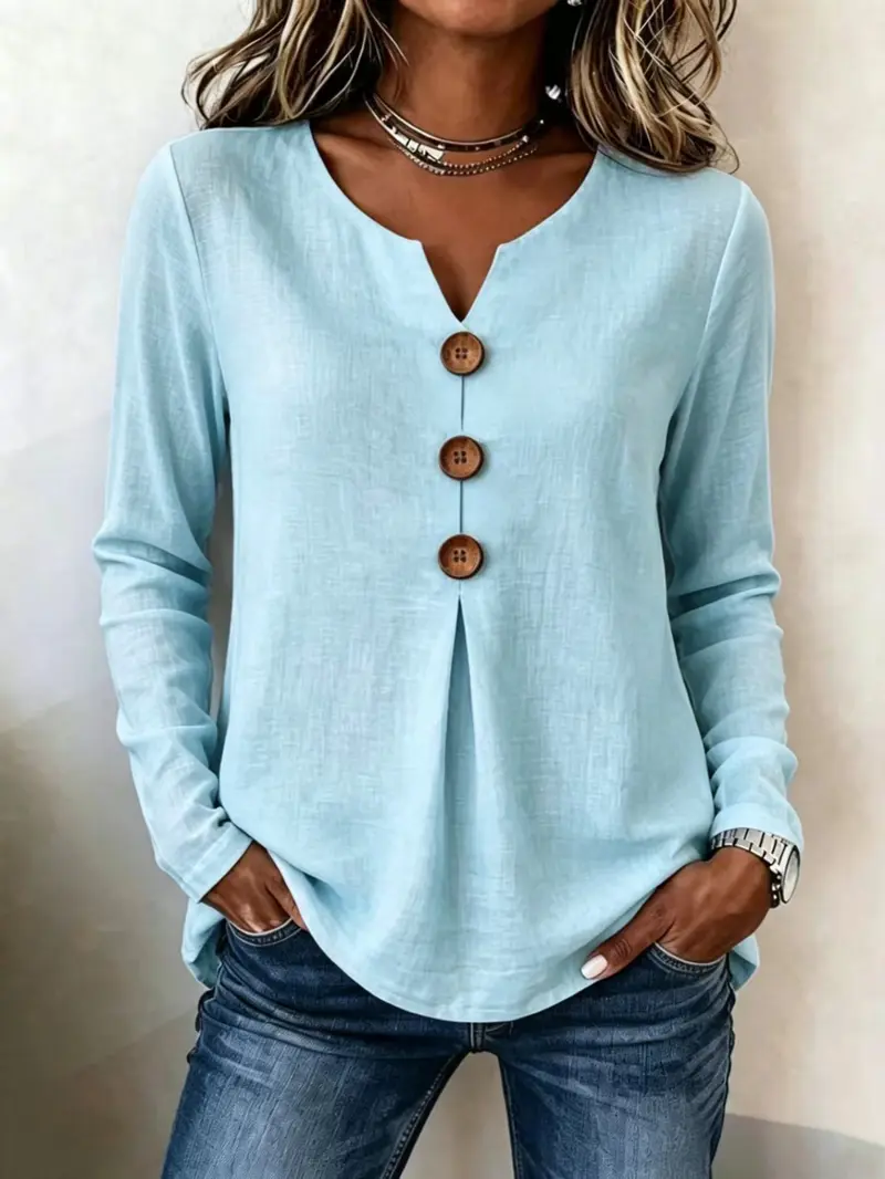 V-neckline detail of women's casual button-front top