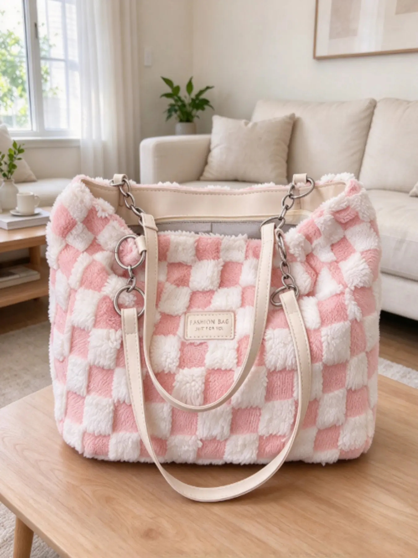 Women's Large Capacity Casual Commuter Tote Bag, Fashion Plaid Pattern Handbag, New Fall Winter Faux Fur Handbag, Fashionable Patterned Bag, Daily Fashion Choice, Checkered Pattern Bag, Fashion Bags