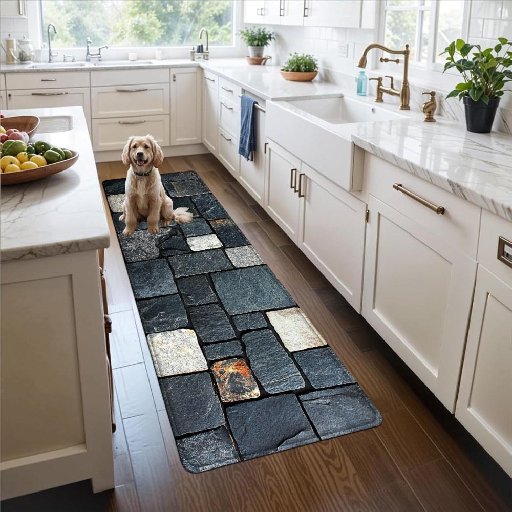 1PC， Black and White Stone Strip Splicing Patterned strip rugs, home décor, bathroom mats, entryway mats, bathroom non-slip mats, indoor entrance rugs, bedroom bedside mats, kitchen mats, hallway rugs, flannel sponge rugs, hallway runner rugs