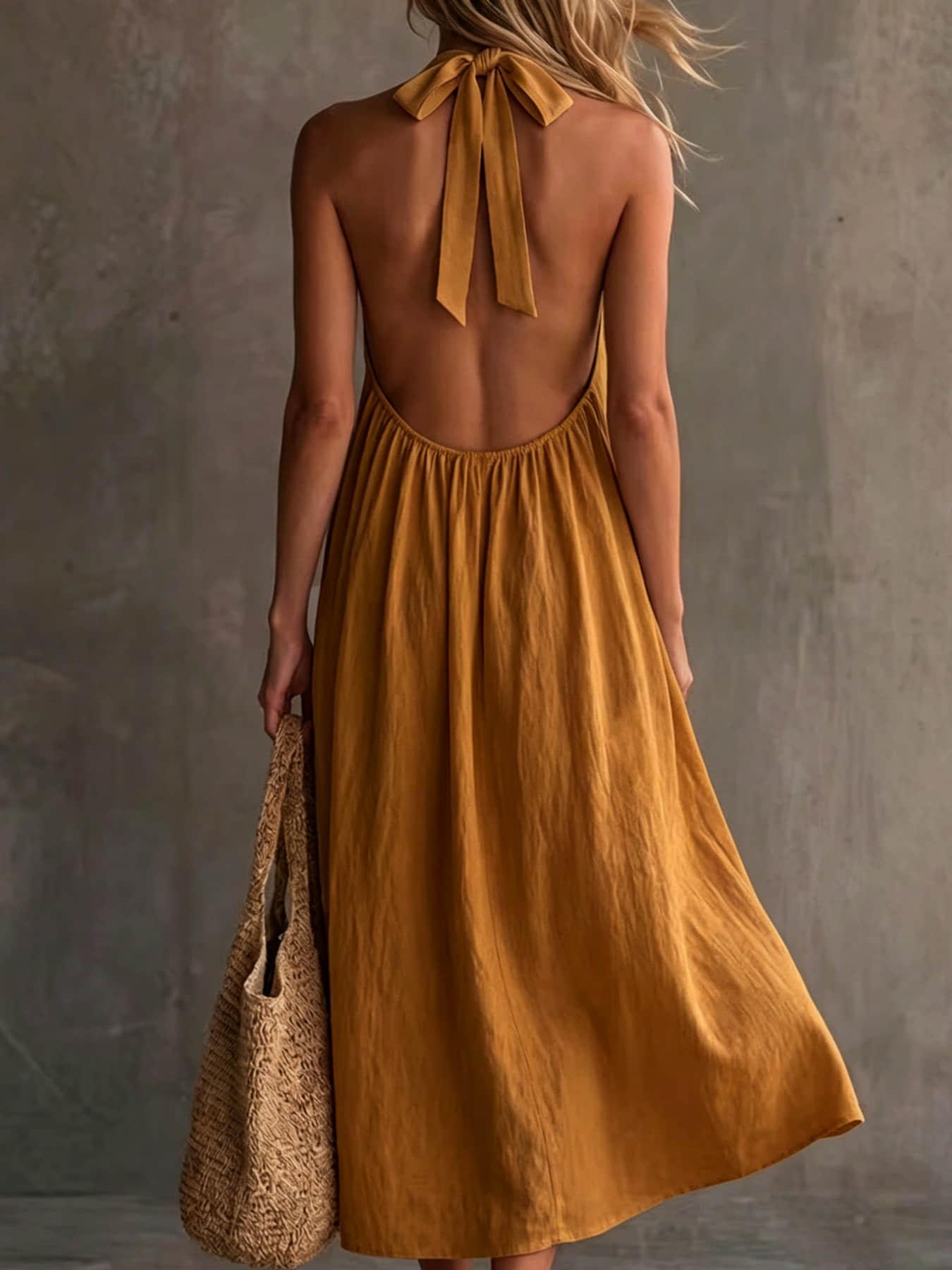 A fashionable women's neck hanging V-neck dress, summer Minimalist Casual loose sleeveless mid length lazy vacation long dress beach party dress suitable for beach vacation, coffee shop relaxation, afternoon tea, daily commuting, light office banquet